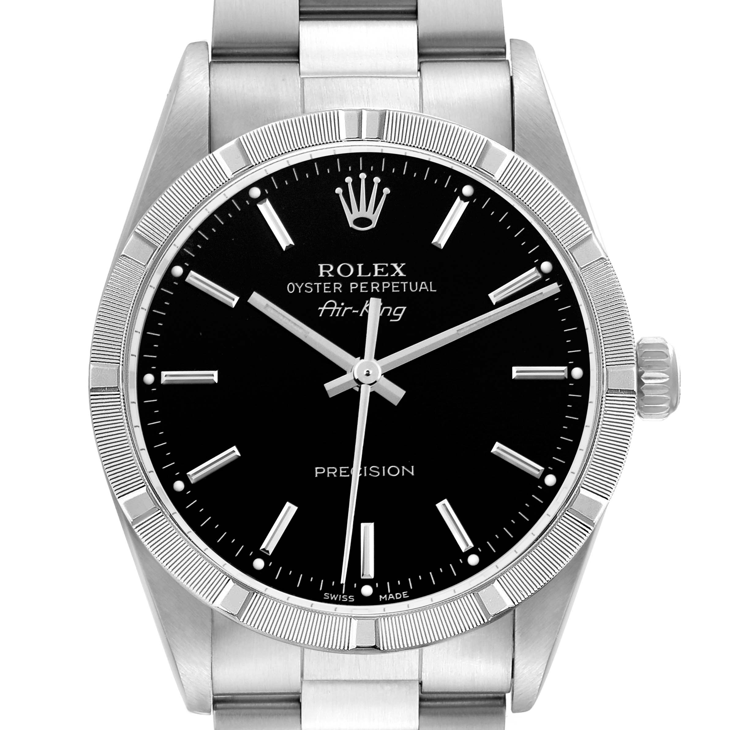 The Rolex Air-King 14010M Men's Stainless Steel Black Dial 14010M Men's Stainless Steel Black Dial watch is shown front-on, displaying the dial, bezel, crown, and part of the bracelet.