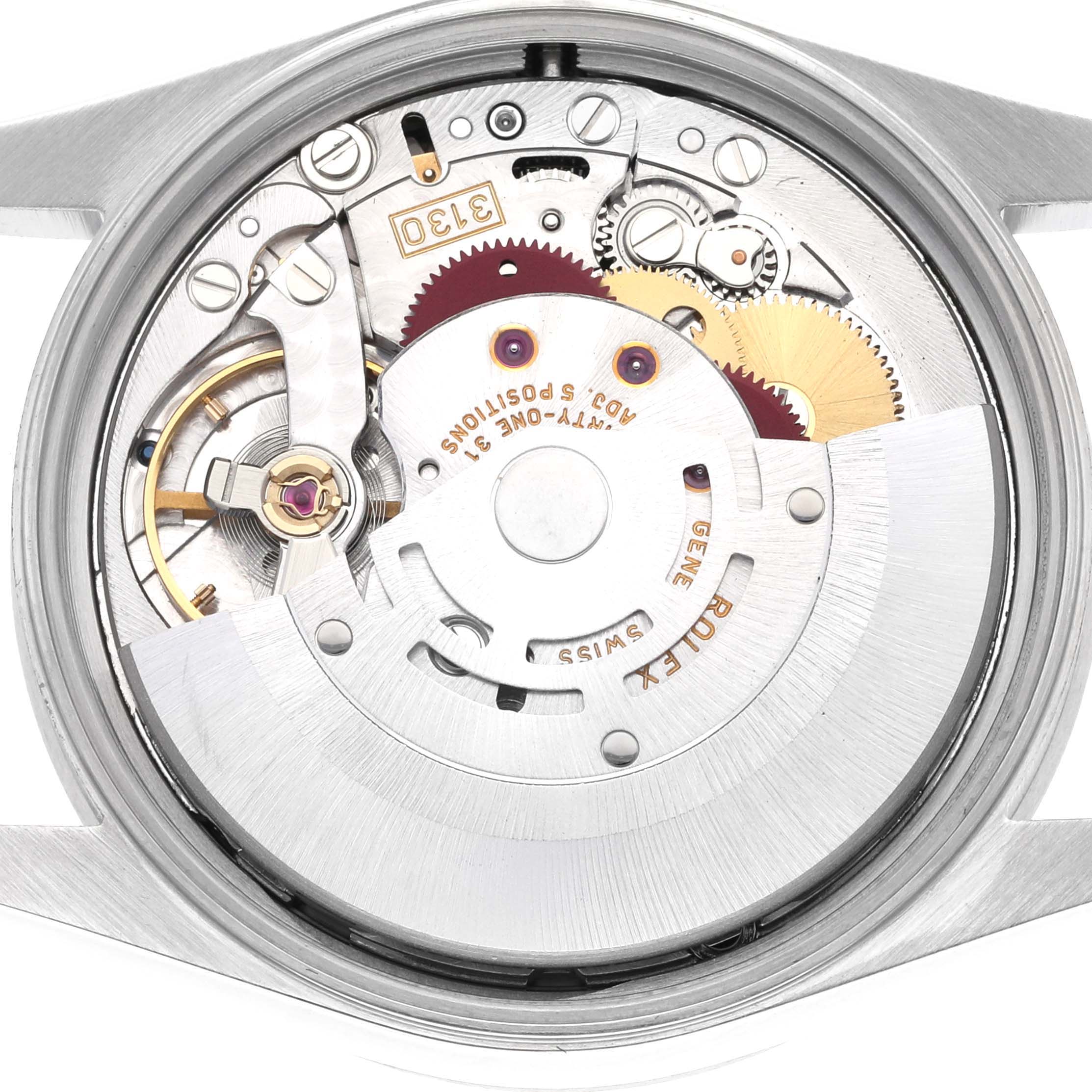 The image shows the movement of a Rolex Air-King 14010M Men's Stainless Steel Black Dial 14010M Men's Stainless Steel Black Dial watch from a top-down angle, highlighting gears and mechanics.