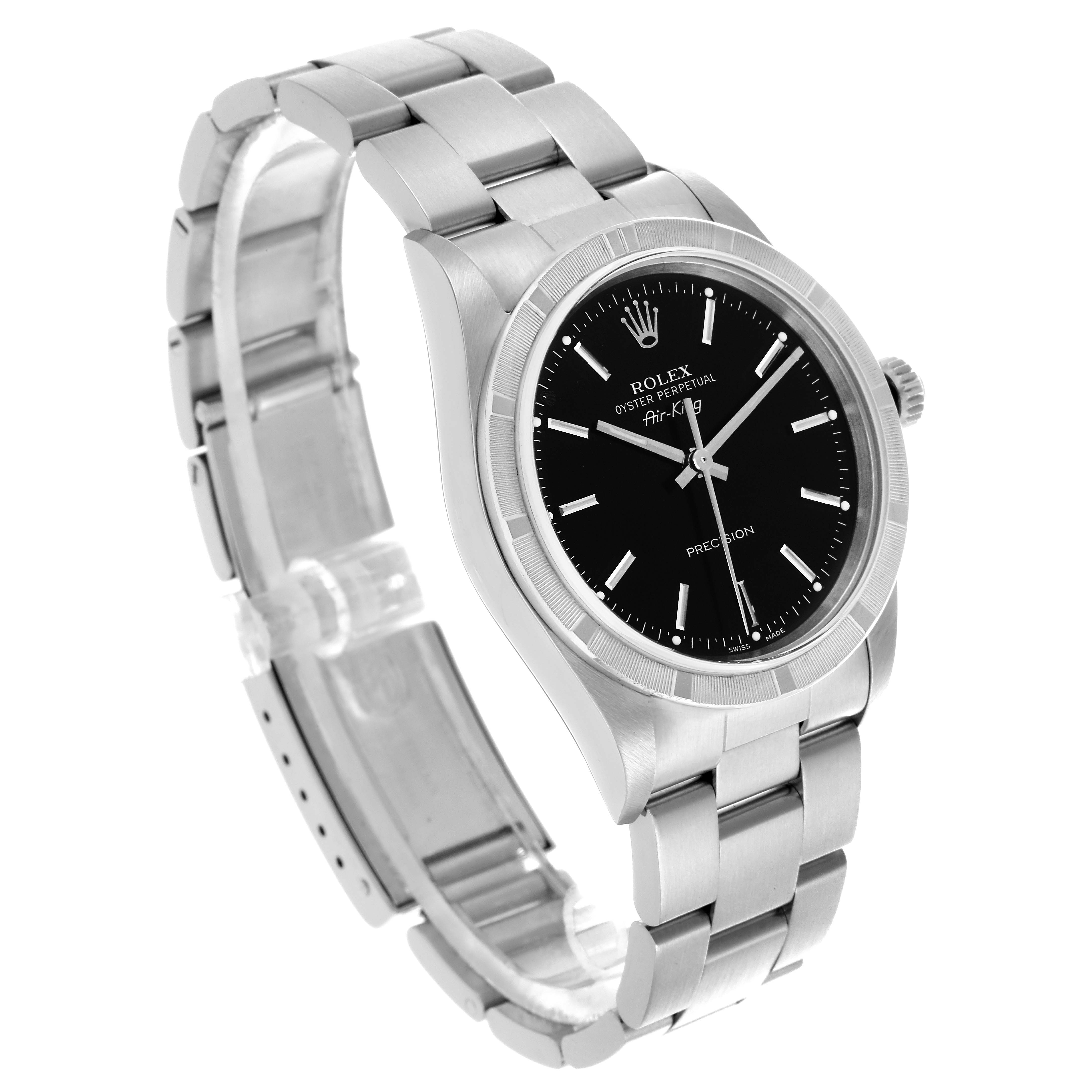 The Rolex Air-King 14010M Men's Stainless Steel Black Dial 14010M Men's Stainless Steel Black Dial watch is shown at a side angle, highlighting the dial, bezel, and bracelet.