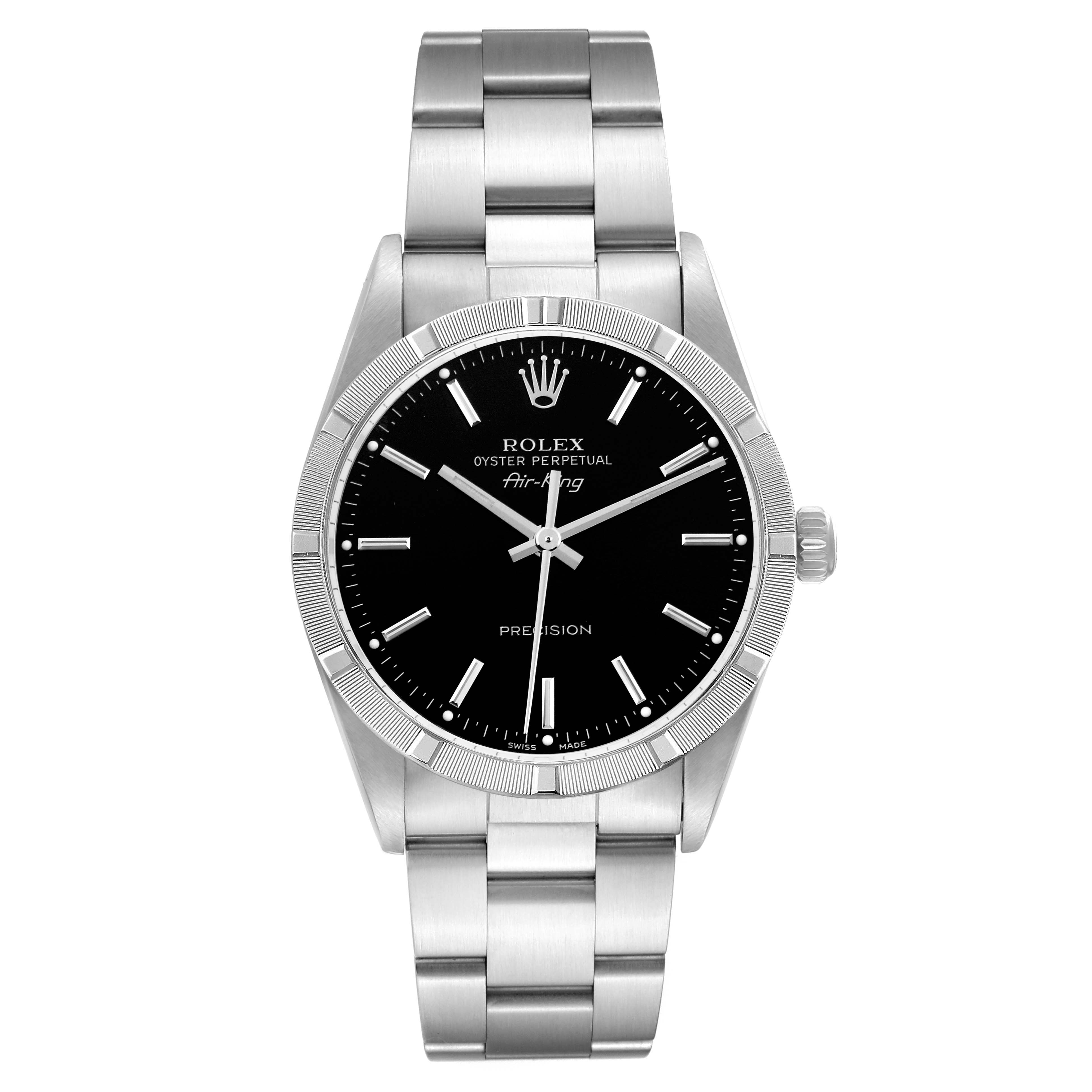 The Rolex Air-King 14010M Men's Stainless Steel Black Dial 14010M Men's Stainless Steel Black Dial watch is shown from the front, displaying its face, bezel, bracelet, and crown.