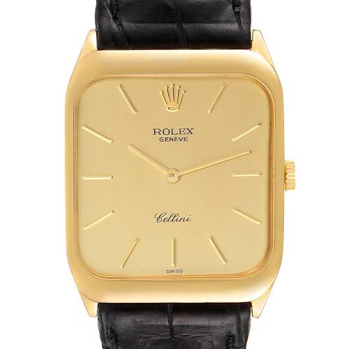 Photo of Rolex Cellini 18k Yellow Gold Black Strap Mens Vintage Watch 4135
