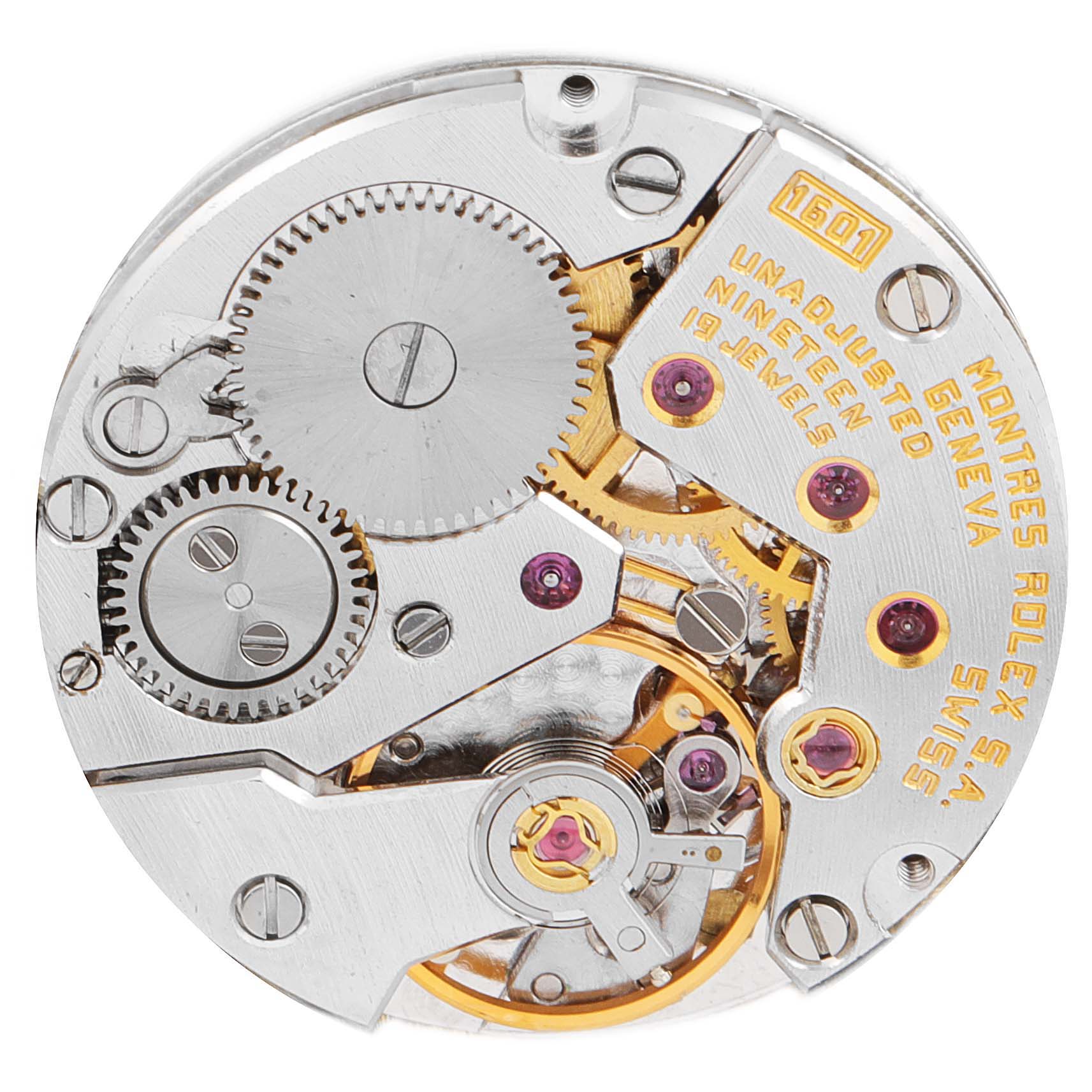 This image shows the internal mechanical movement of a Rolex Cellini 4135 Men's Yellow Gold Champagne Dial 4135 Men's Yellow Gold Champagne Dial watch, capturing gears and jewels intricately arranged.