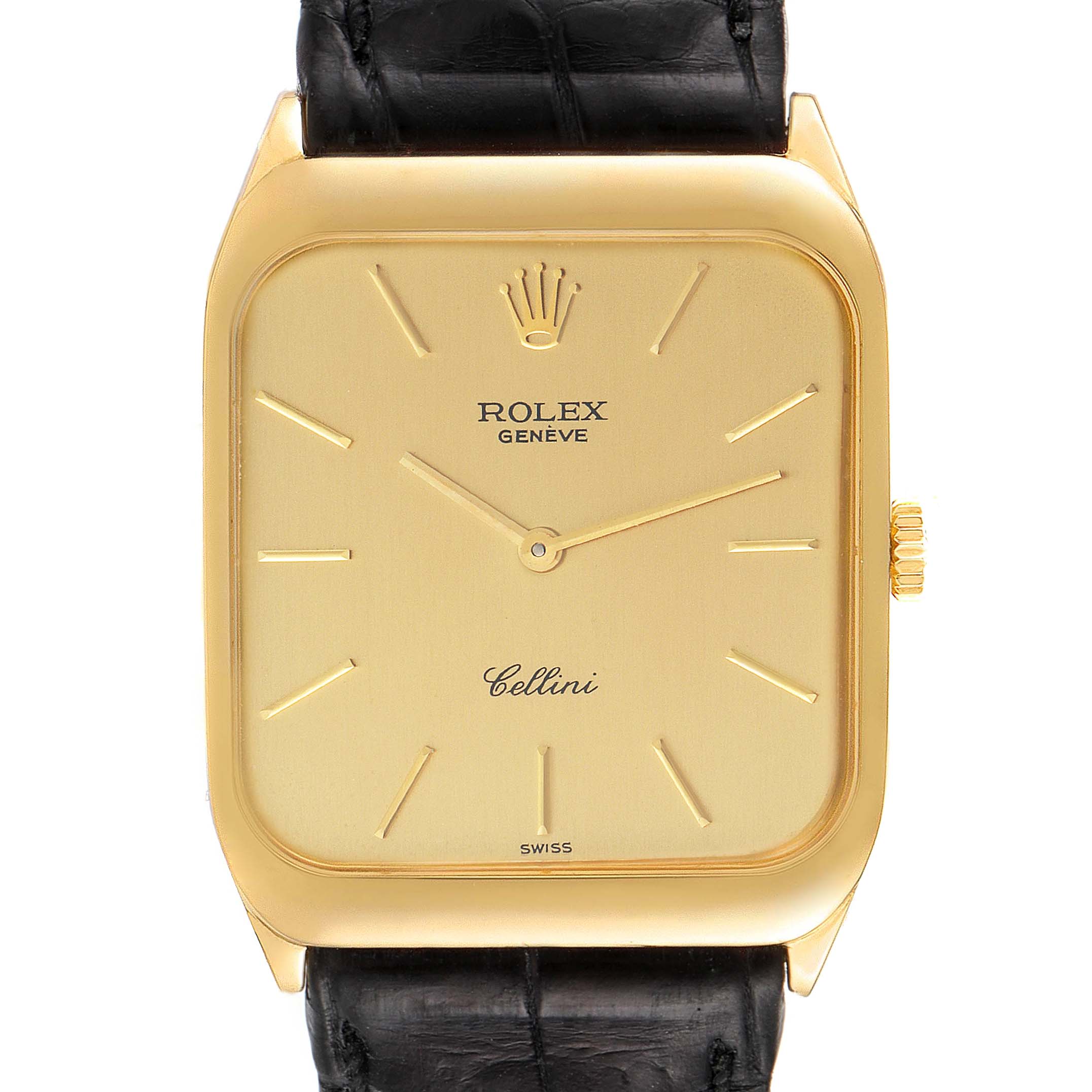 This image shows a front view of a Rolex Cellini 4135 Men's Yellow Gold Champagne Dial 4135 Men's Yellow Gold Champagne Dial watch with a gold face and black leather strap.