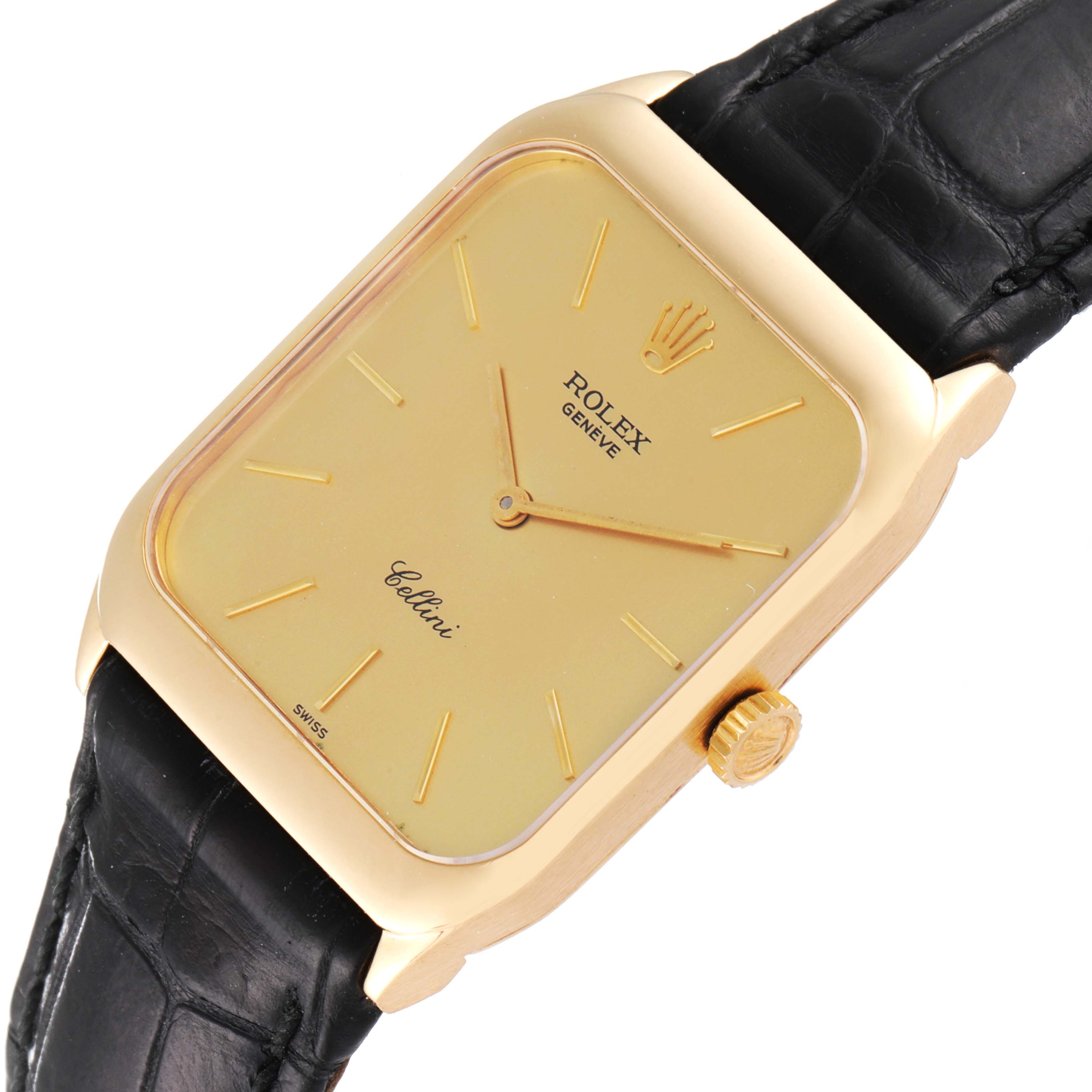 This image shows a frontal view of the Rolex Cellini 4135 Men's Yellow Gold Champagne Dial 4135 Men's Yellow Gold Champagne Dial watch, highlighting its dial, crown, and leather strap.