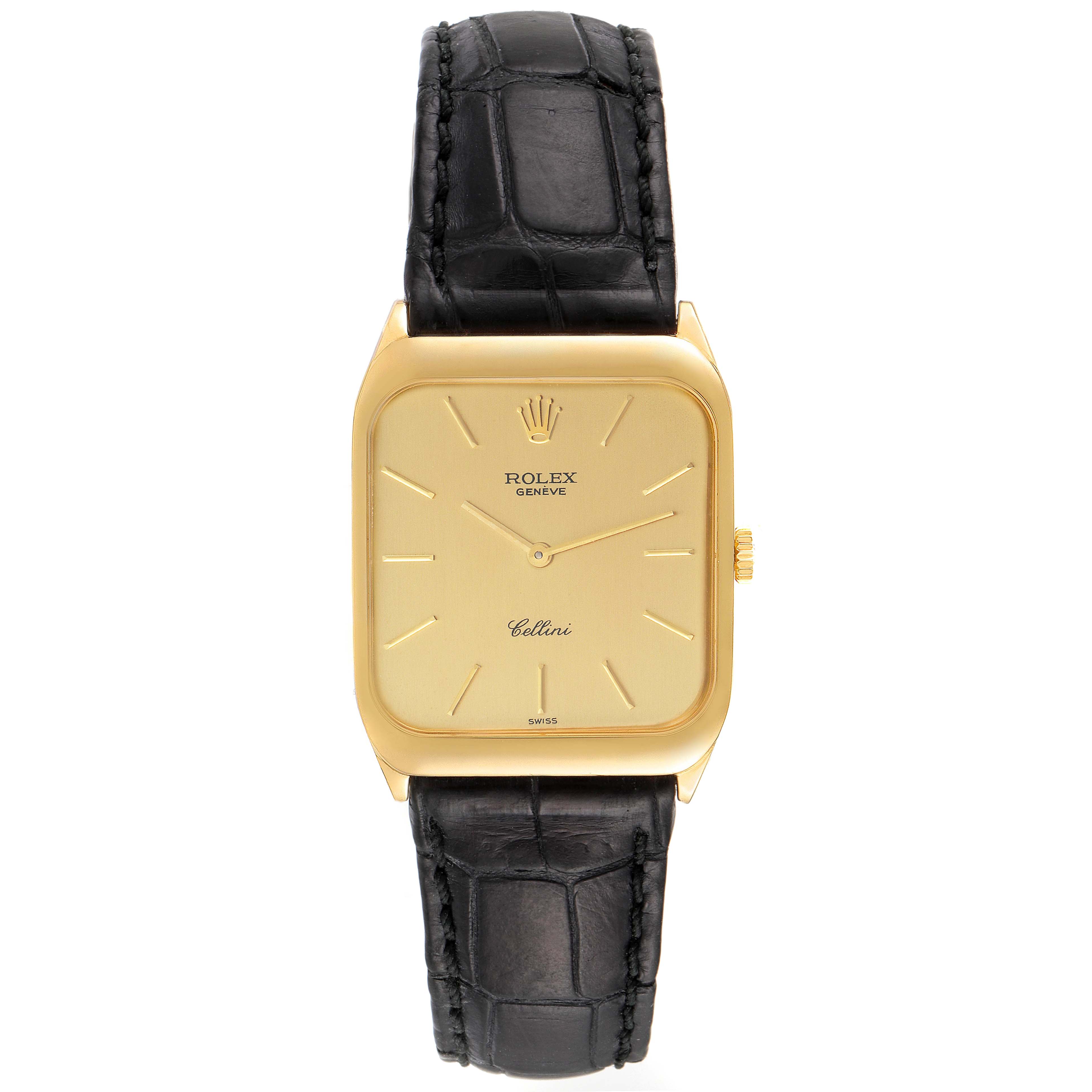 This image shows a front view of a Rolex Cellini 4135 Men's Yellow Gold Champagne Dial 4135 Men's Yellow Gold Champagne Dial watch, featuring a gold square dial and a black leather strap.