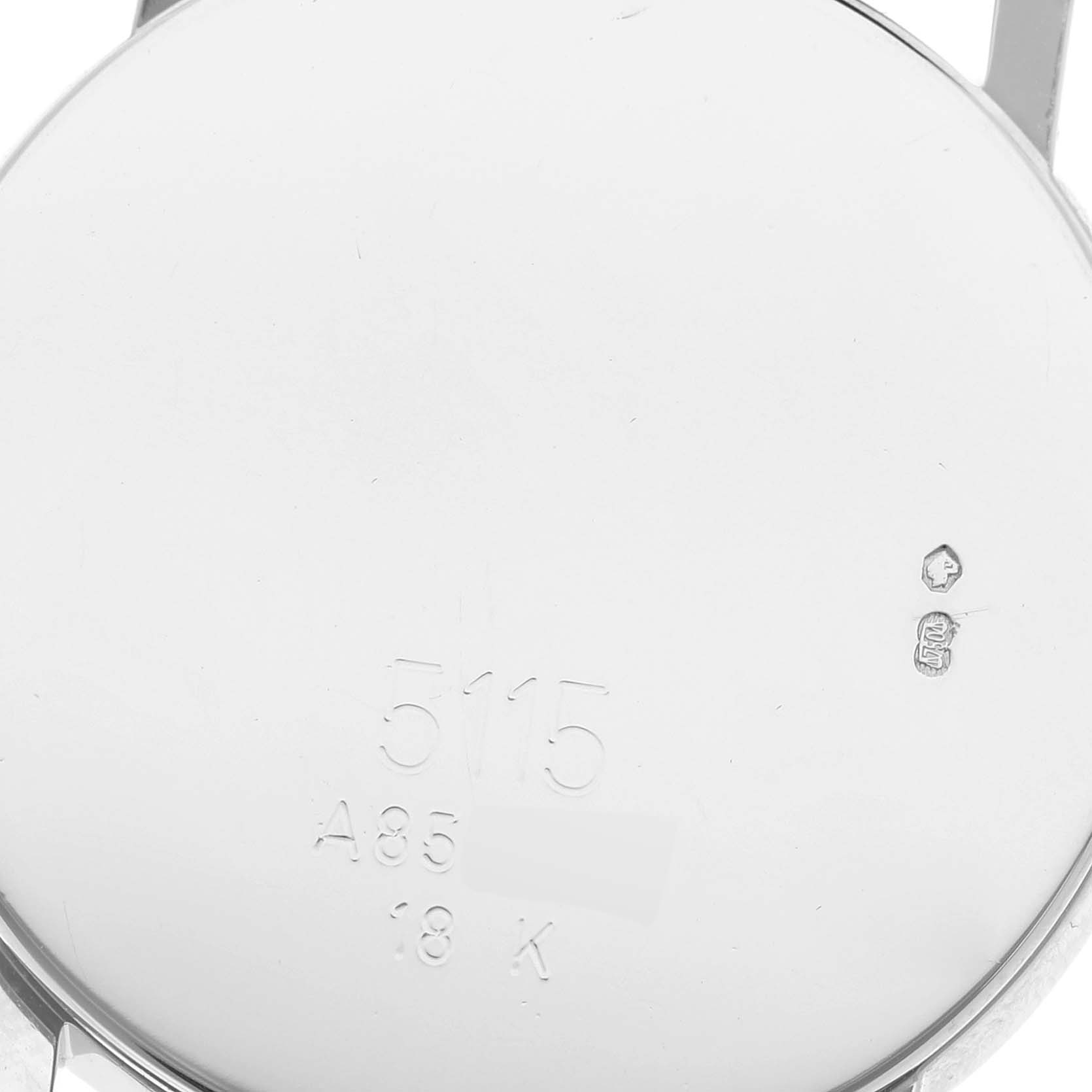 This image shows the case back of the Rolex Cellini 5115 Men's White Gold Black Dial 5115 Men's White Gold Black Dial watch, displaying engraved model details and hallmarks.