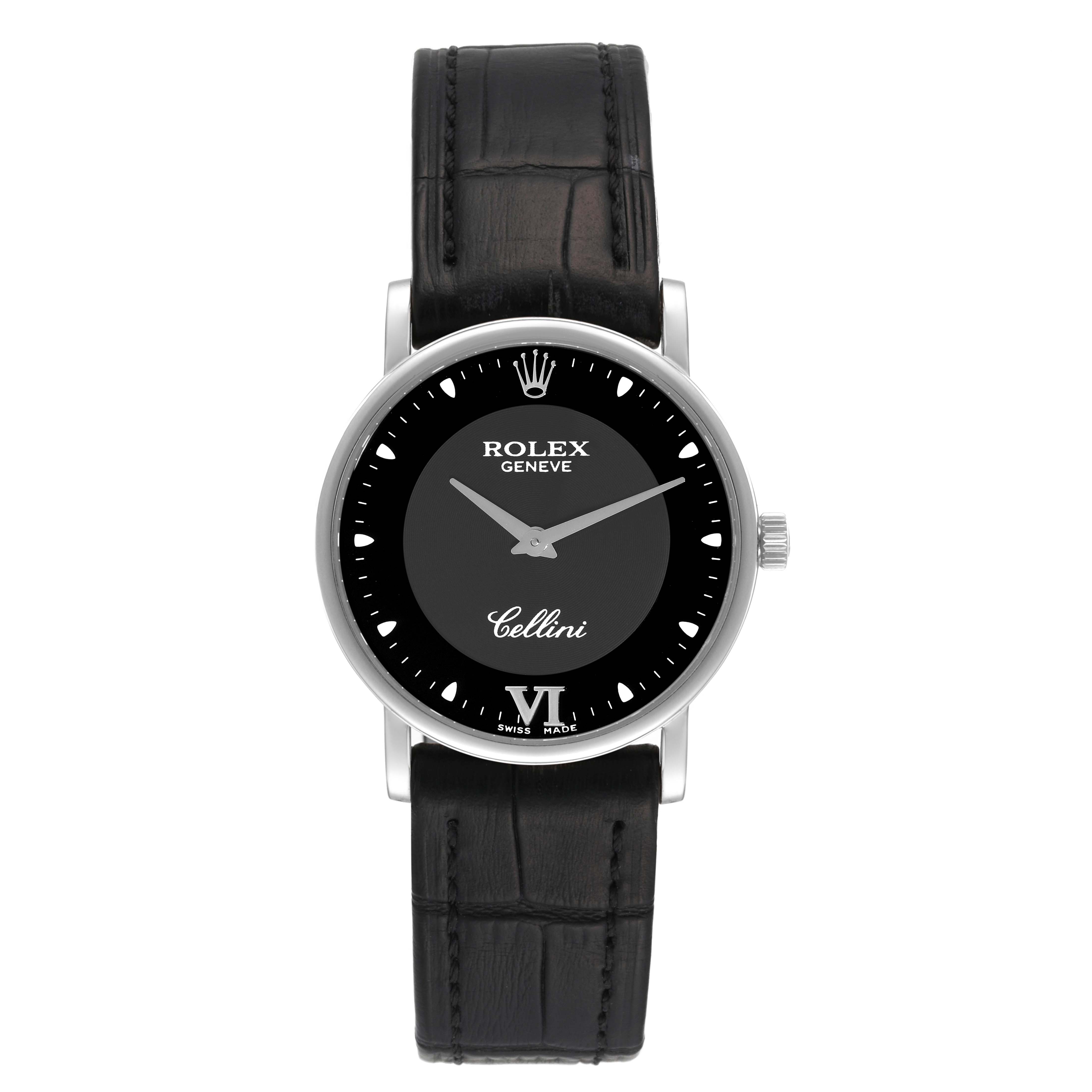 The image shows a Rolex Cellini 5115 Men's White Gold Black Dial 5115 Men's White Gold Black Dial watch from a front angle, displaying its black dial, silver hands, and black leather strap.