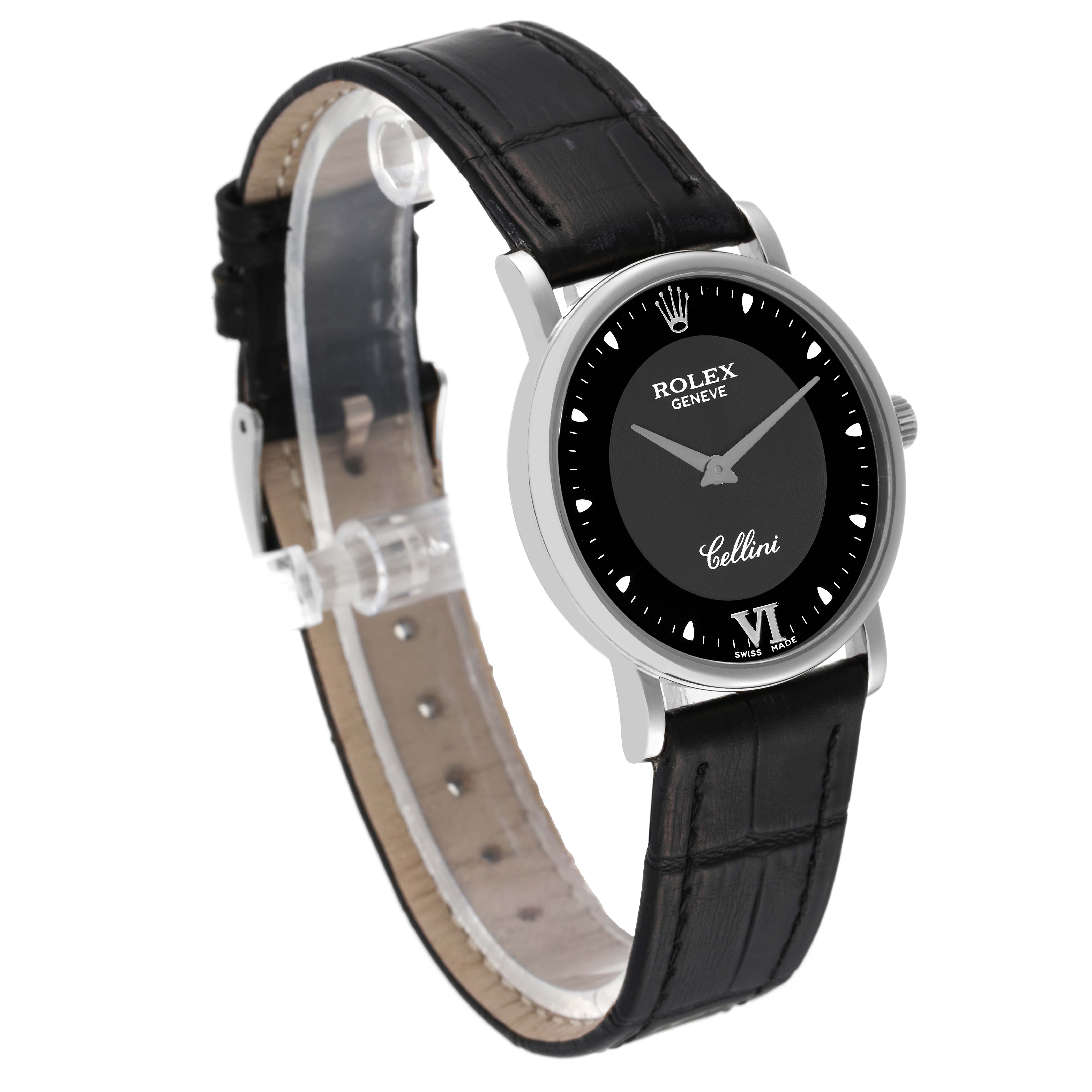 The image shows a Rolex Cellini 5115 Men's White Gold Black Dial 5115 Men's White Gold Black Dial model watch at an oblique angle, highlighting the black leather strap and black dial.