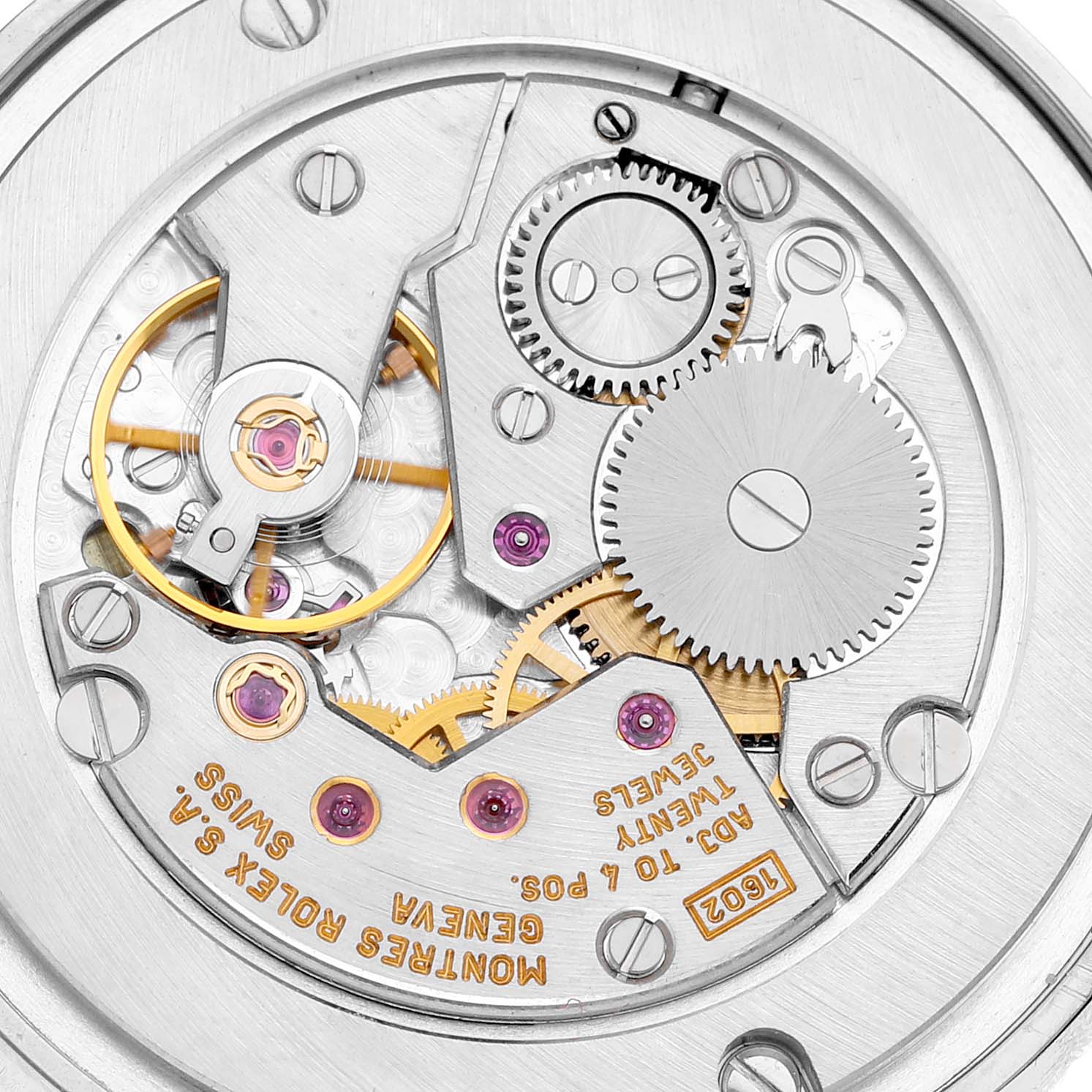 The image shows the internal movement mechanism of a Rolex Cellini 5115 Men's White Gold Black Dial 5115 Men's White Gold Black Dial watch from a top-down angle.