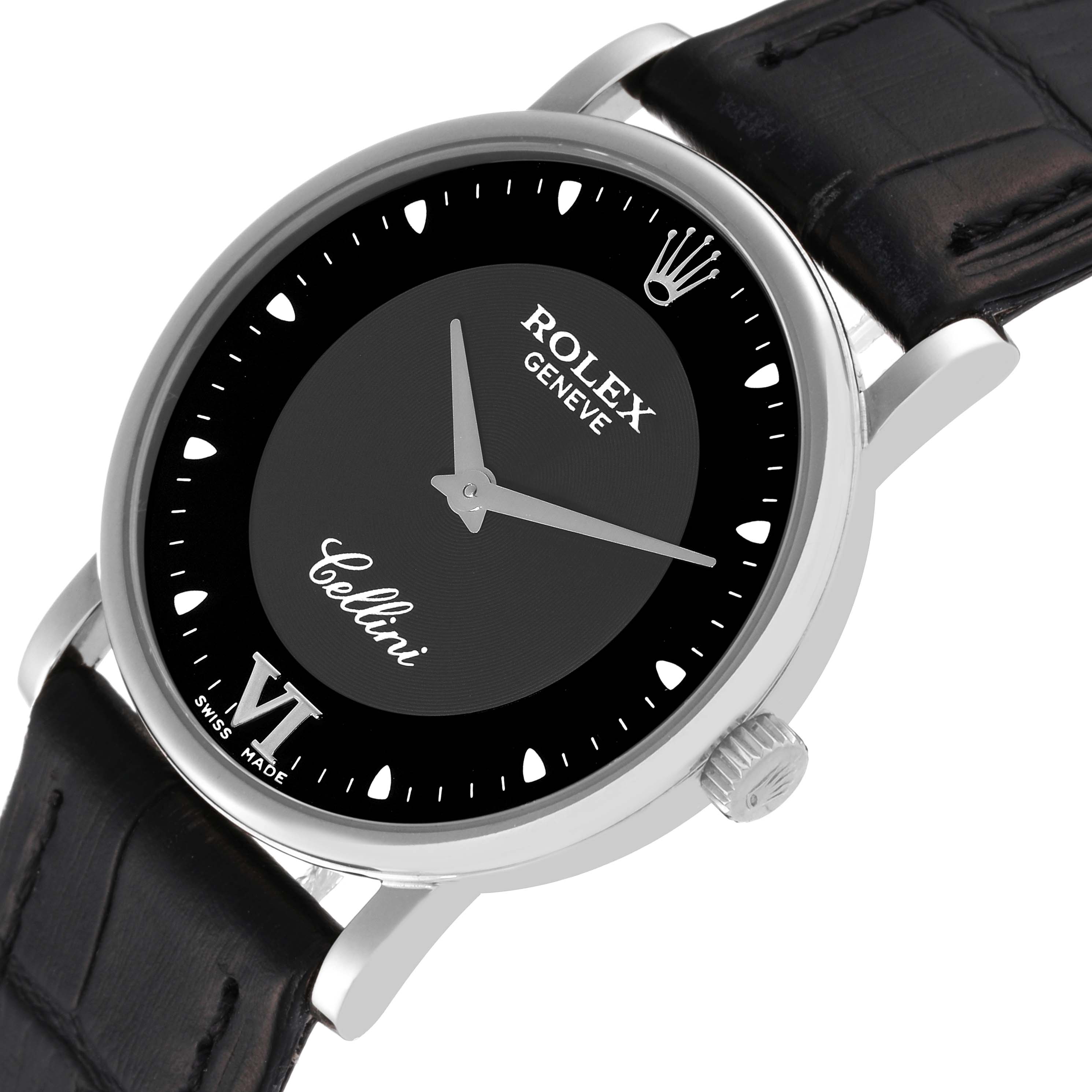The image shows a close-up view of the face and part of the strap of a Rolex Cellini 5115 Men's White Gold Black Dial 5115 Men's White Gold Black Dial watch.