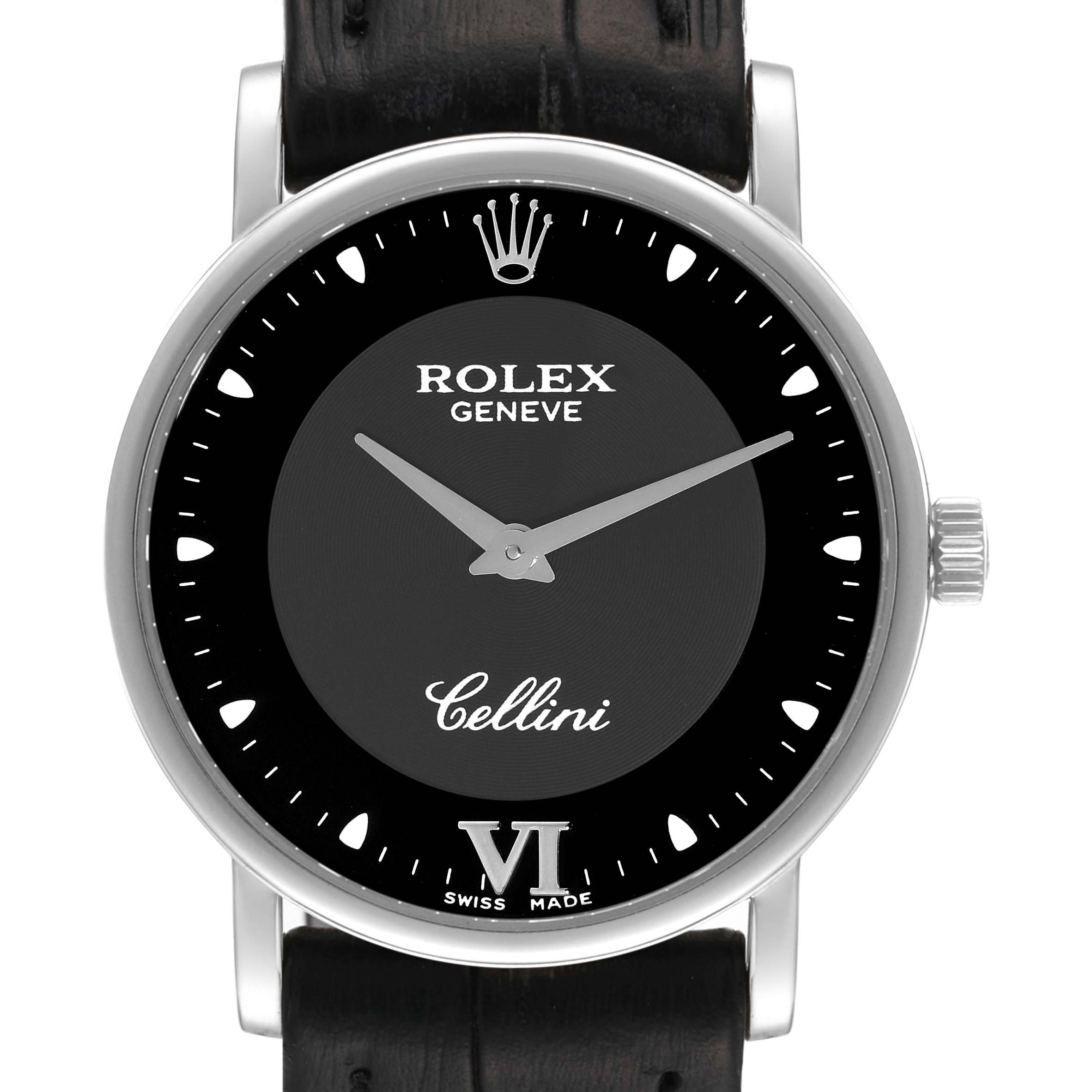 This image shows a front view of the Rolex Cellini 5115 Men's White Gold Black Dial 5115 Men's White Gold Black Dial watch, highlighting its dial, hands, and strap.