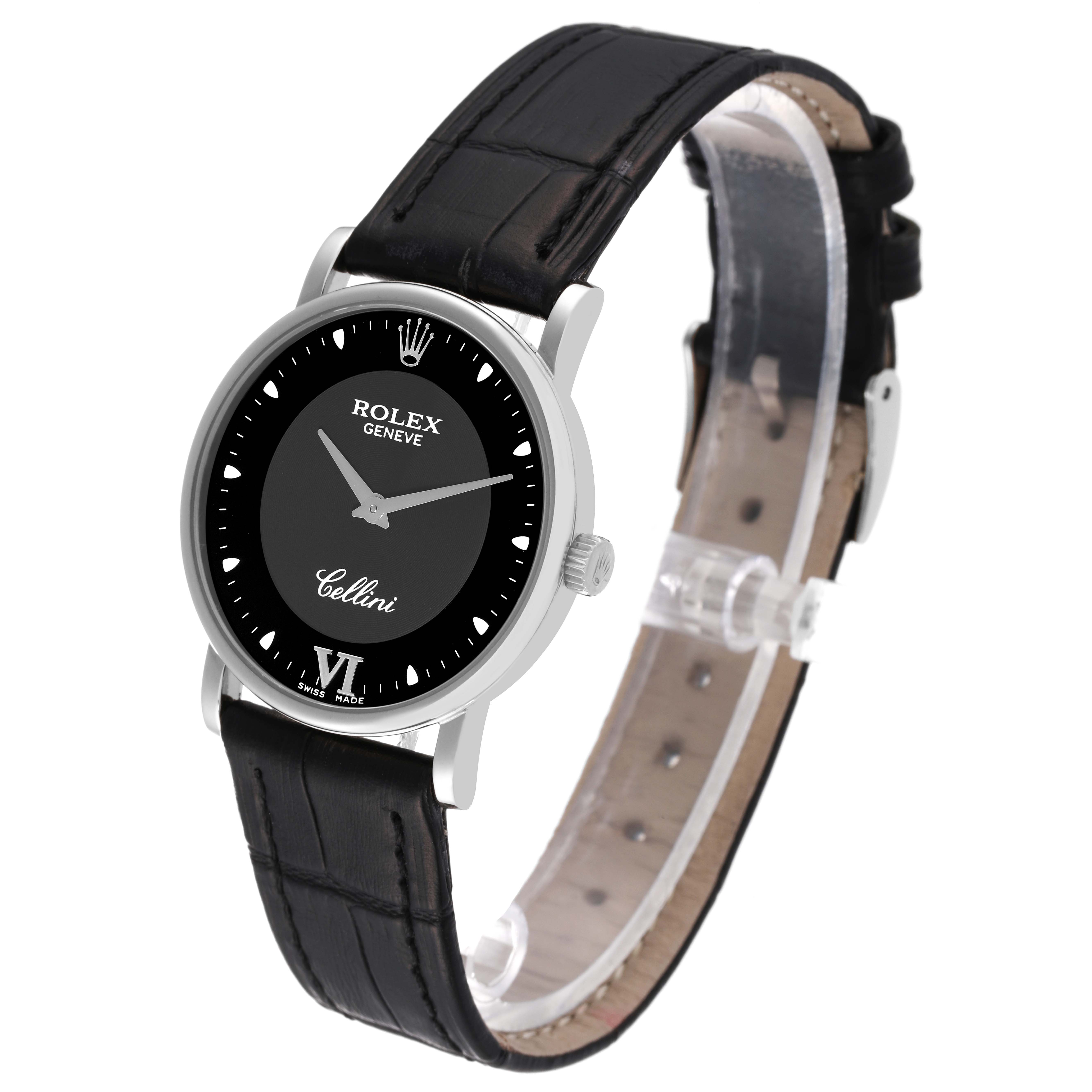 The image shows a side view of the Rolex Cellini 5115 Men's White Gold Black Dial 5115 Men's White Gold Black Dial watch, displaying its face, bezel, crown, and leather strap.