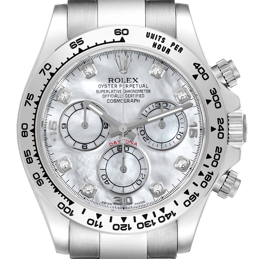 The Rolex Daytona watch is shown from a front angle, featuring its dial, bezel, and part of the bracelet.