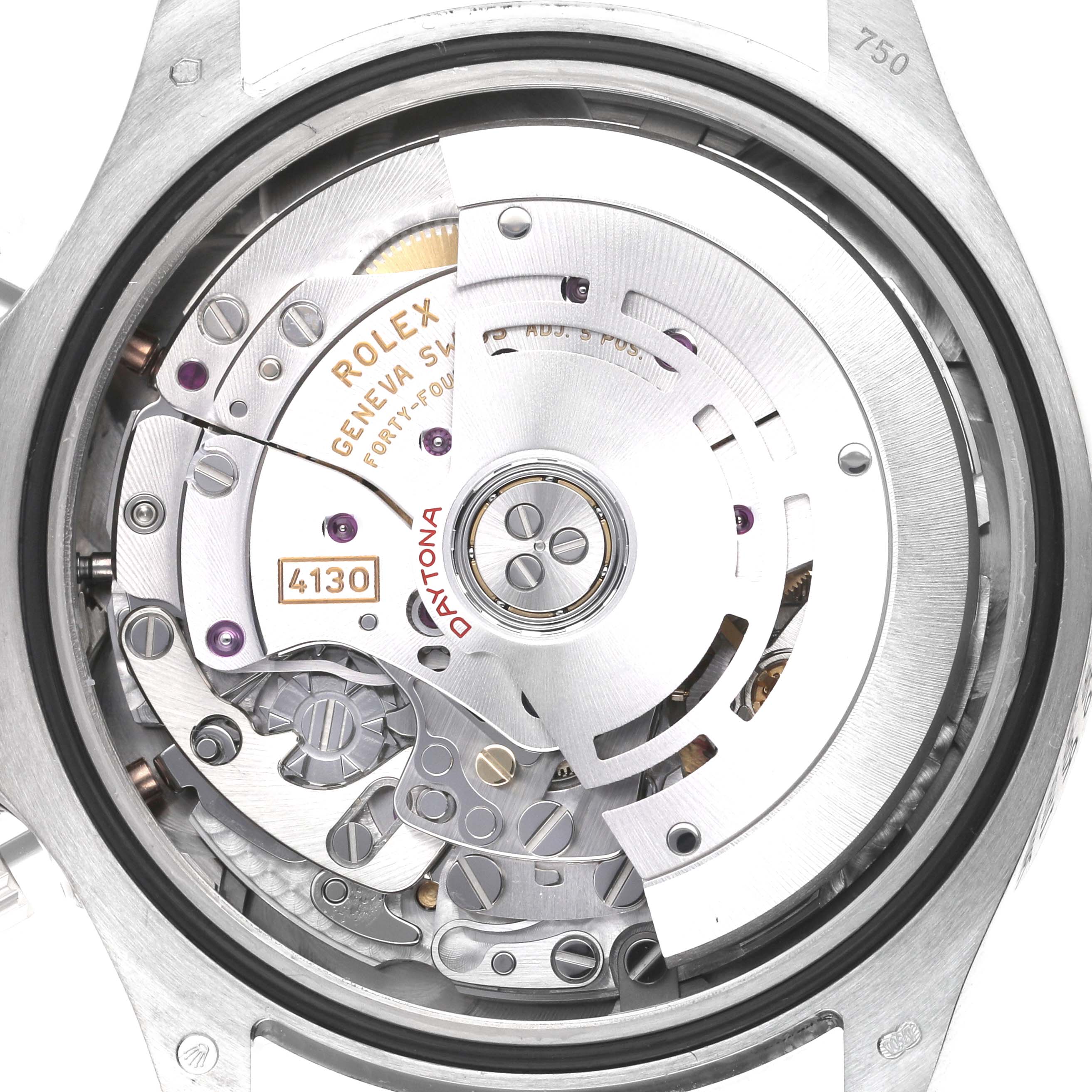The image shows the intricate movement of a Rolex Daytona 116509 Men's White Gold Mother of Pearl Dial 116509 Men's White Gold Mother of Pearl Dial watch from a rear angle, highlighting the mechanism and parts.