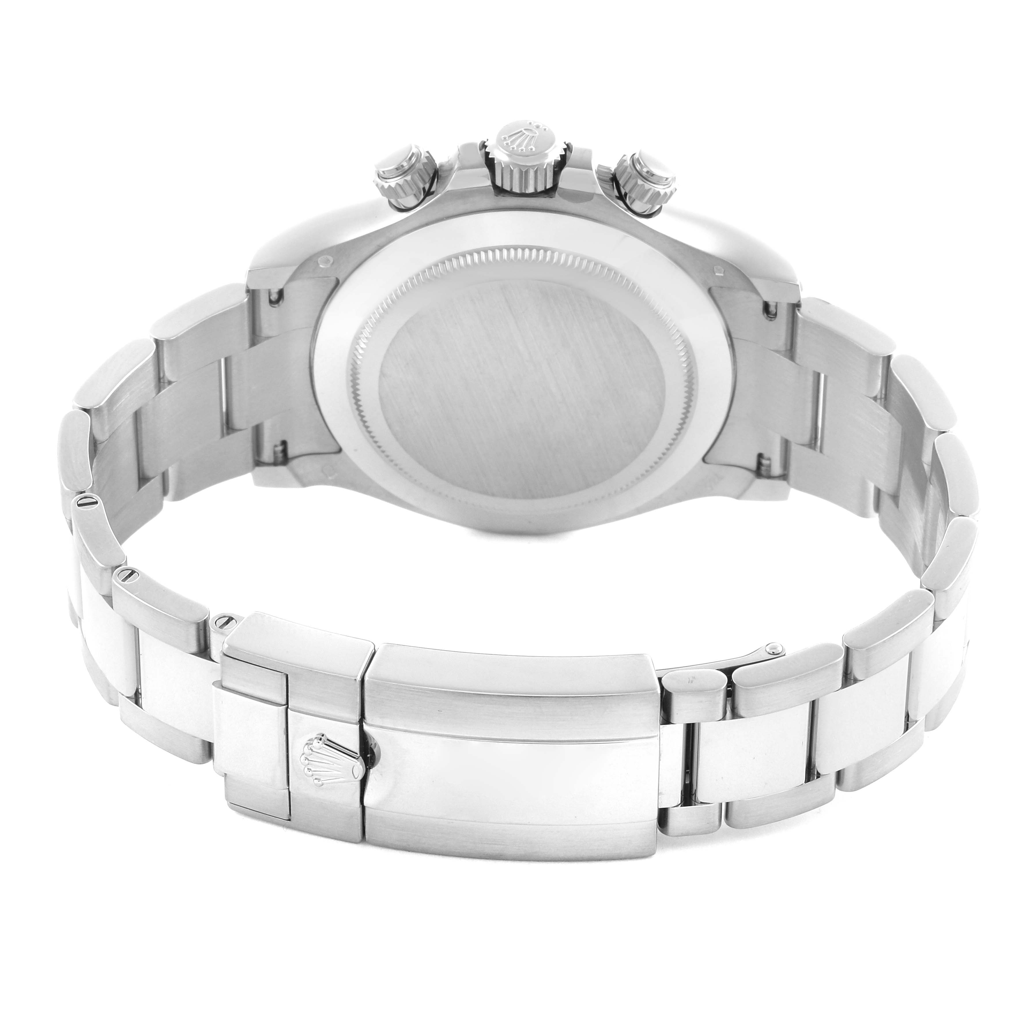 The image shows the back and clasp of the Rolex Daytona 116509 Men's White Gold Mother of Pearl Dial 116509 Men's White Gold Mother of Pearl Dial, highlighting the bracelet and crown.