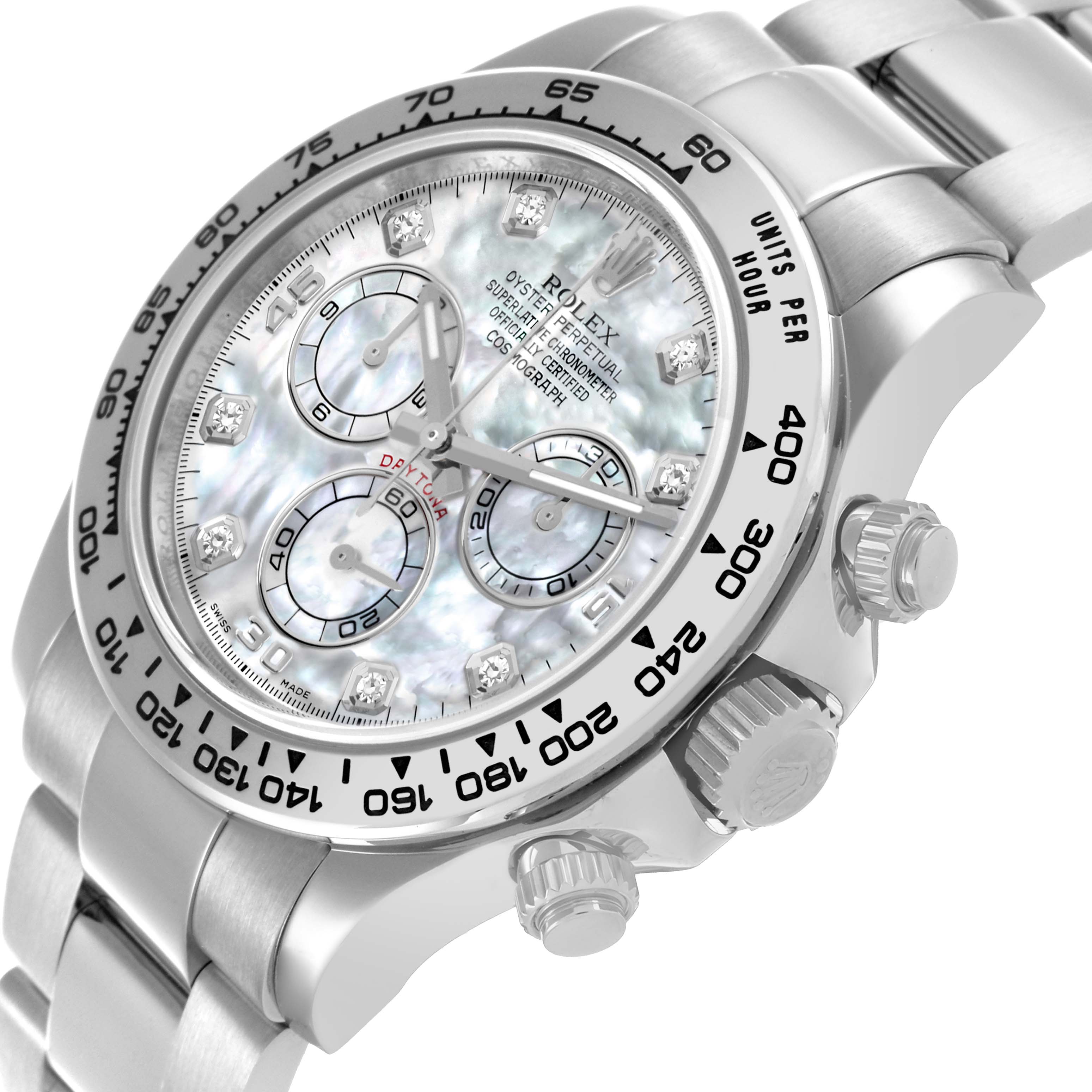 The Rolex Daytona 116509 Men
s White Gold Mother of Pearl Dial 116509 Men
s White Gold Mother of Pearl Dial watch is shown at an angled side view, highlighting the bezel, dial, and crown.