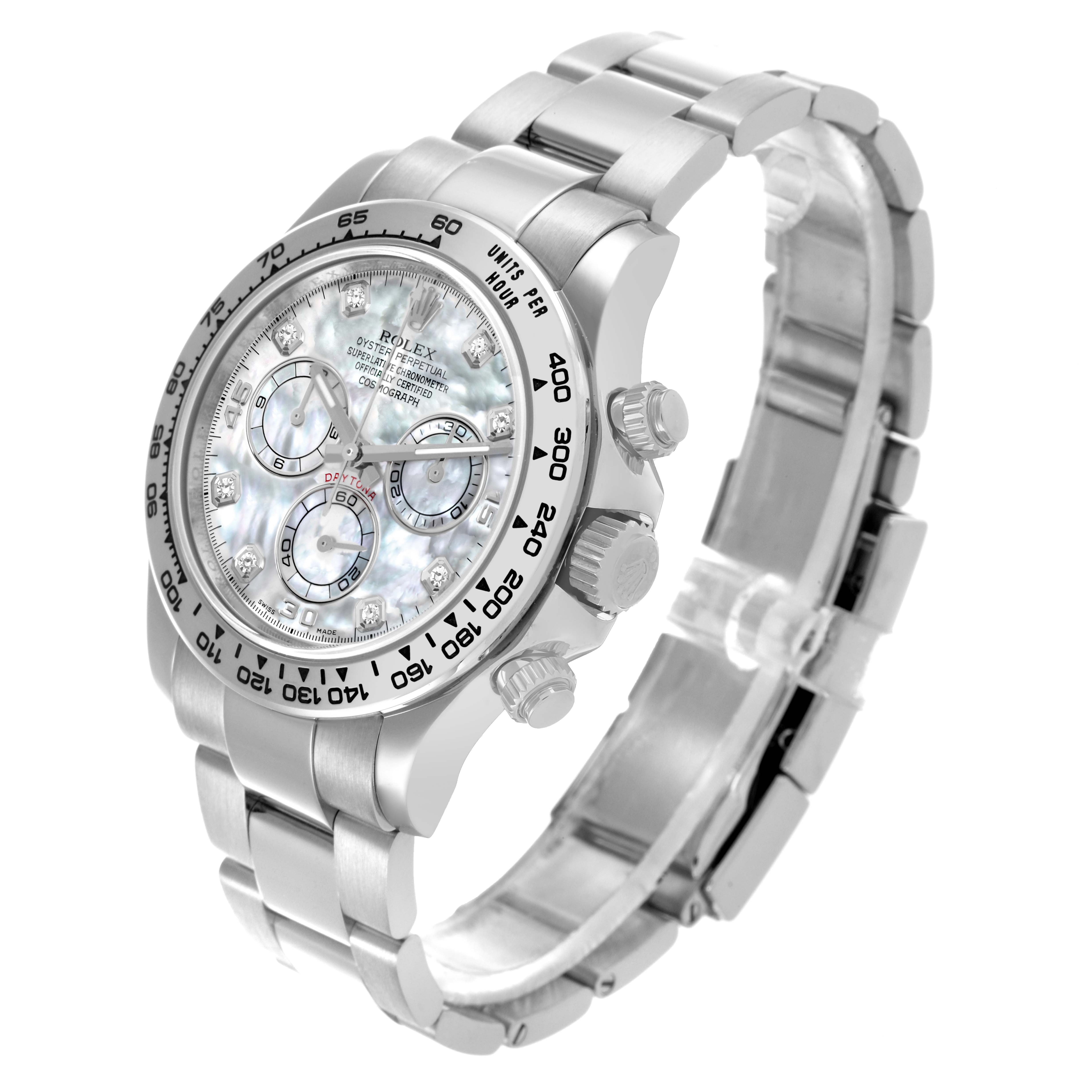 The Rolex Daytona 116509 Men
s White Gold Mother of Pearl Dial 116509 Men
s White Gold Mother of Pearl Dial watch is shown from a three-quarter angle, highlighting the face, bezel, case, and bracelet.