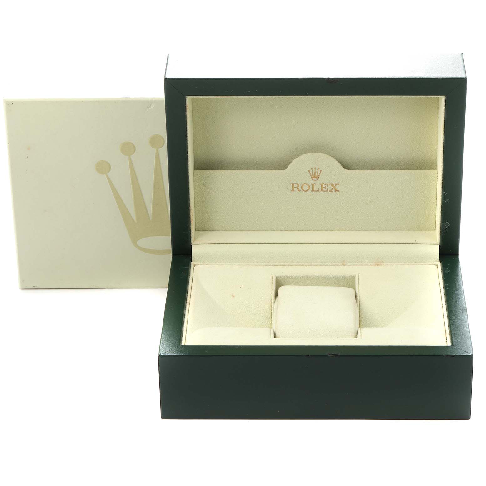 This image shows an open Rolex Daytona 116509 Men
s White Gold Mother of Pearl Dial 116509 Men
s White Gold Mother of Pearl Dial watch box in a slightly angled view, revealing its interior cushion and logo.