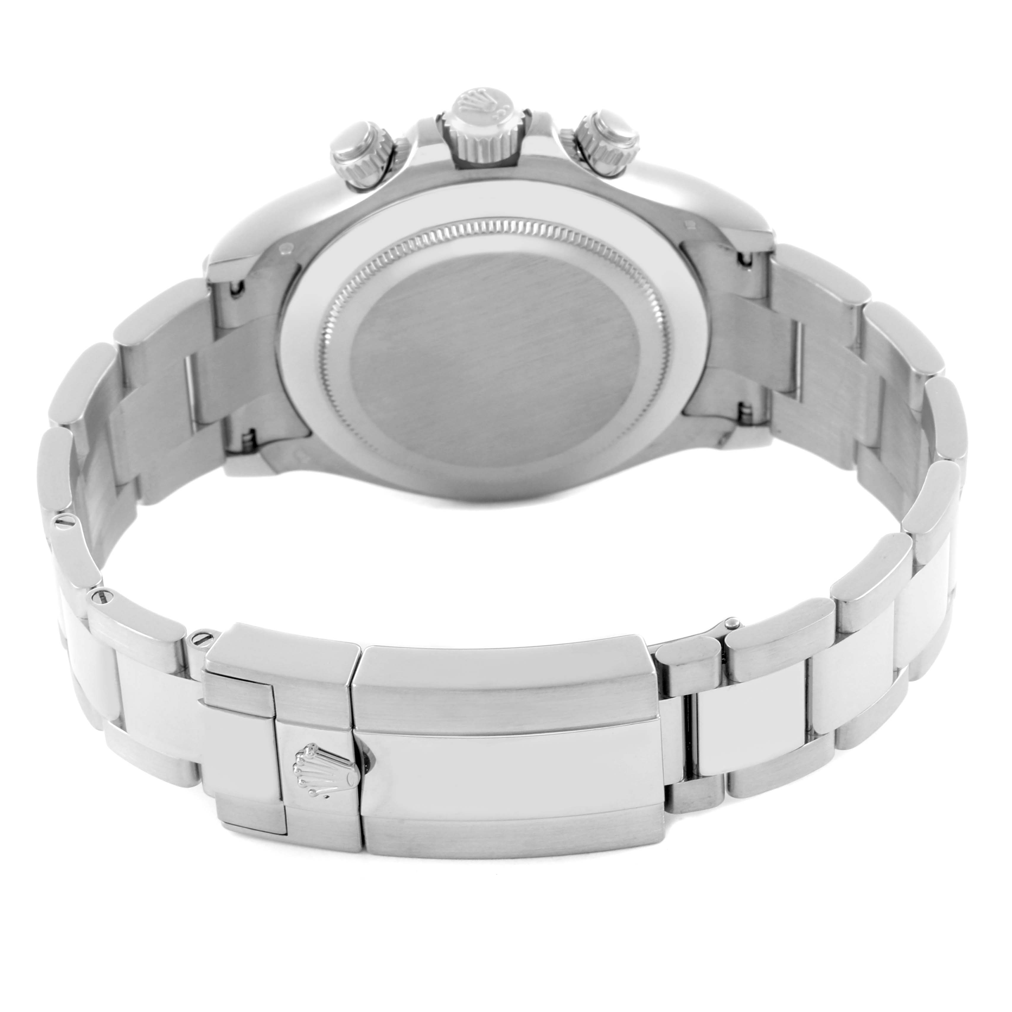 The image shows the back case, bracelet, and clasp of the Rolex Daytona 116509 Men
s White Gold Mother of Pearl Dial 116509 Men
s White Gold Mother of Pearl Dial watch from a rear angle.