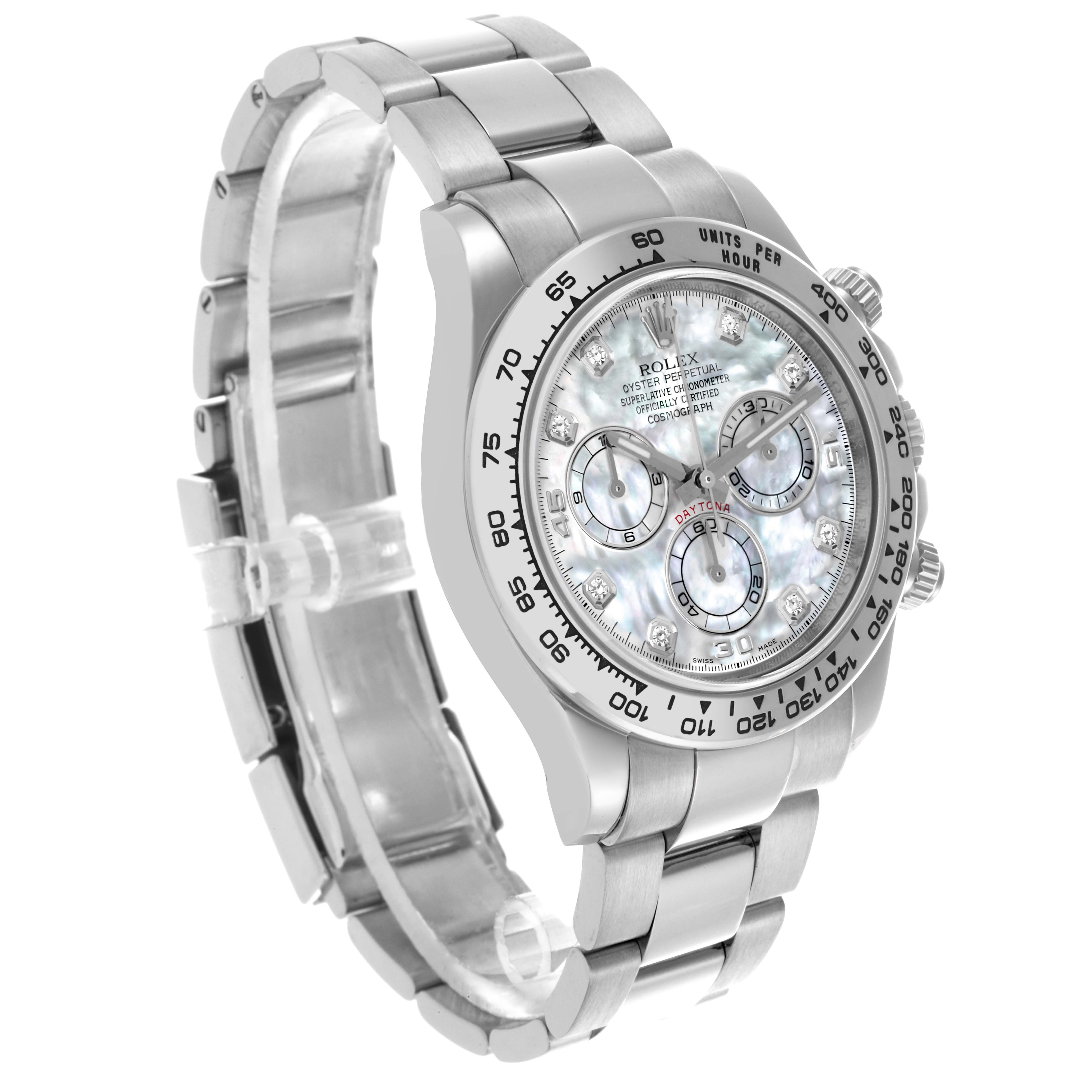 The Rolex Daytona 116509 Men
s White Gold Mother of Pearl Dial 116509 Men
s White Gold Mother of Pearl Dial watch is shown from an oblique angle, displaying the face, bezel, crown, and bracelet.