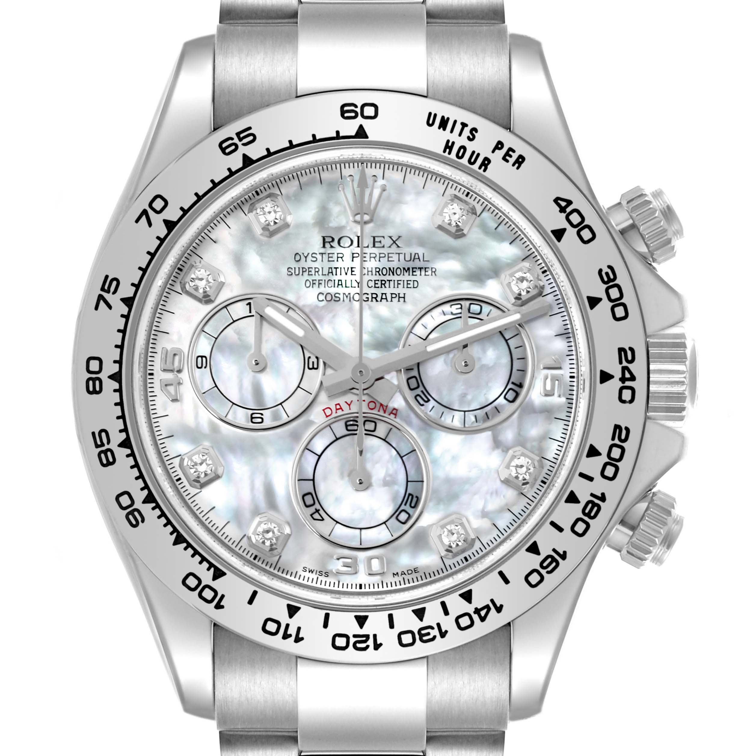 The Rolex Daytona 116509 Men
s White Gold Mother of Pearl Dial 116509 Men
s White Gold Mother of Pearl Dial watch is shown from the front, highlighting its dial, bezel, and crown at the side.