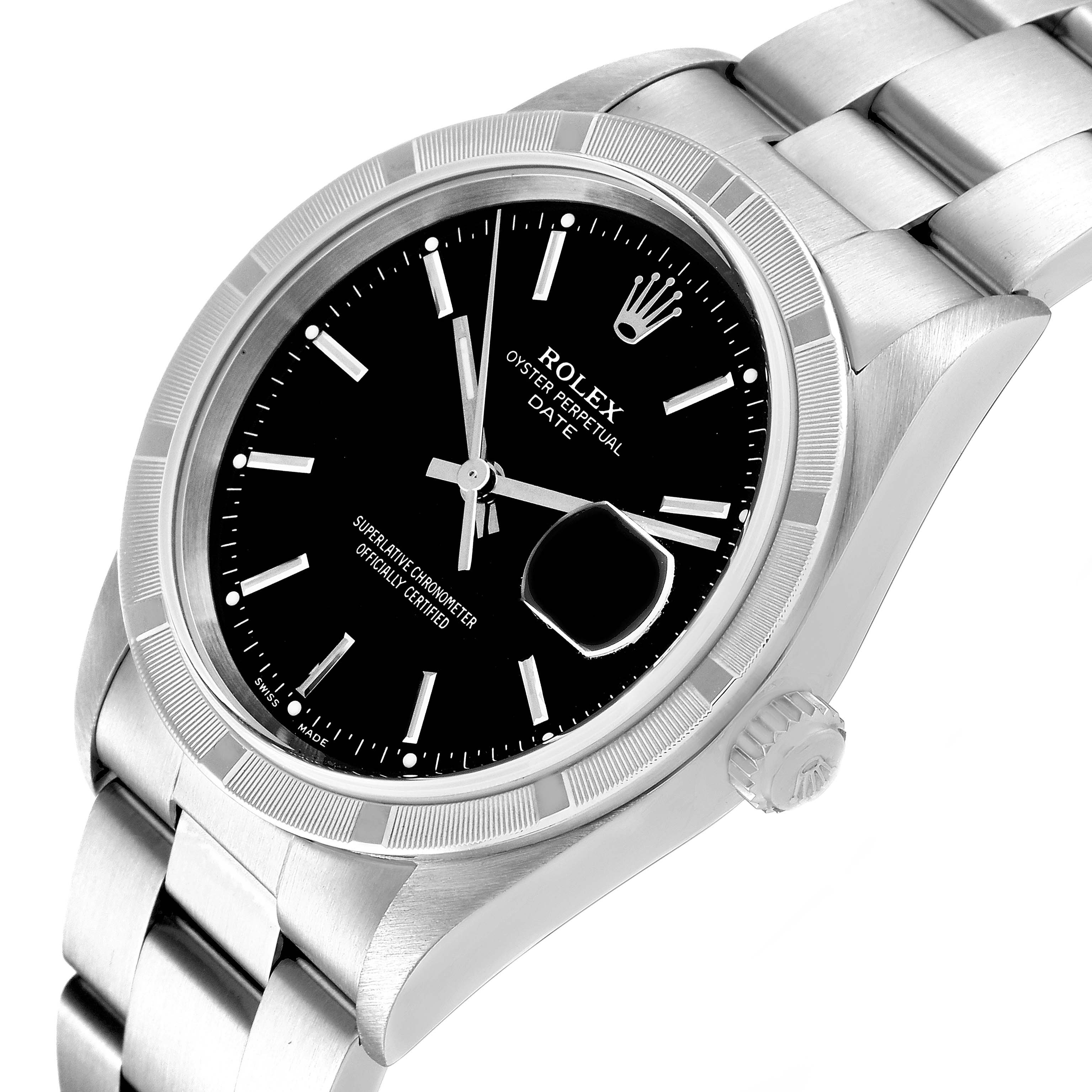 The image shows a Rolex Date 15210 Men
s Stainless Steel Black Dial 15210 Men
s Stainless Steel Black Dial model watch angled to display the face, bezel, crown, and part of the bracelet.