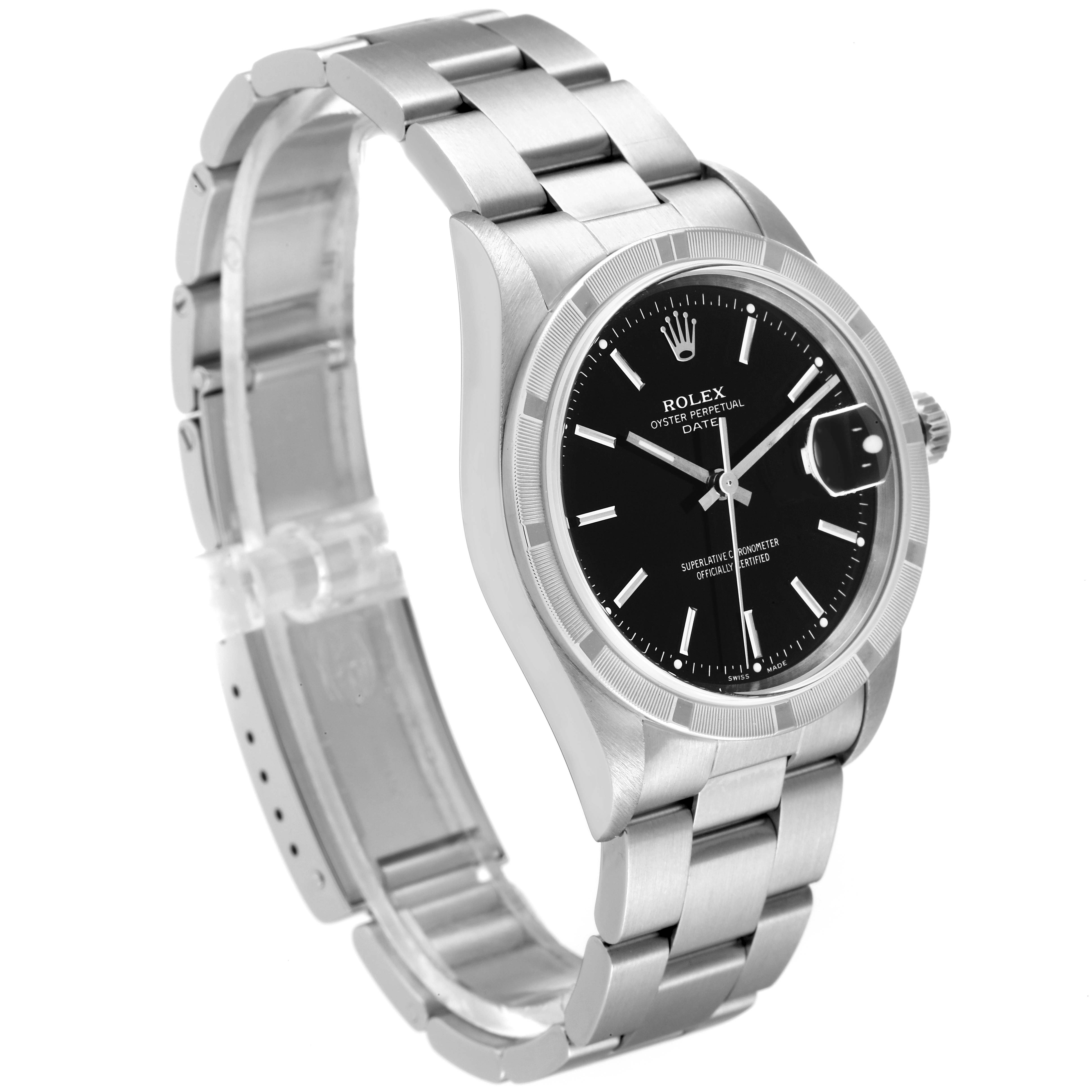 This image shows a Rolex Date 15210 Men
s Stainless Steel Black Dial 15210 Men
s Stainless Steel Black Dial model watch from a front-left angle, highlighting its face, bezel, and bracelet.