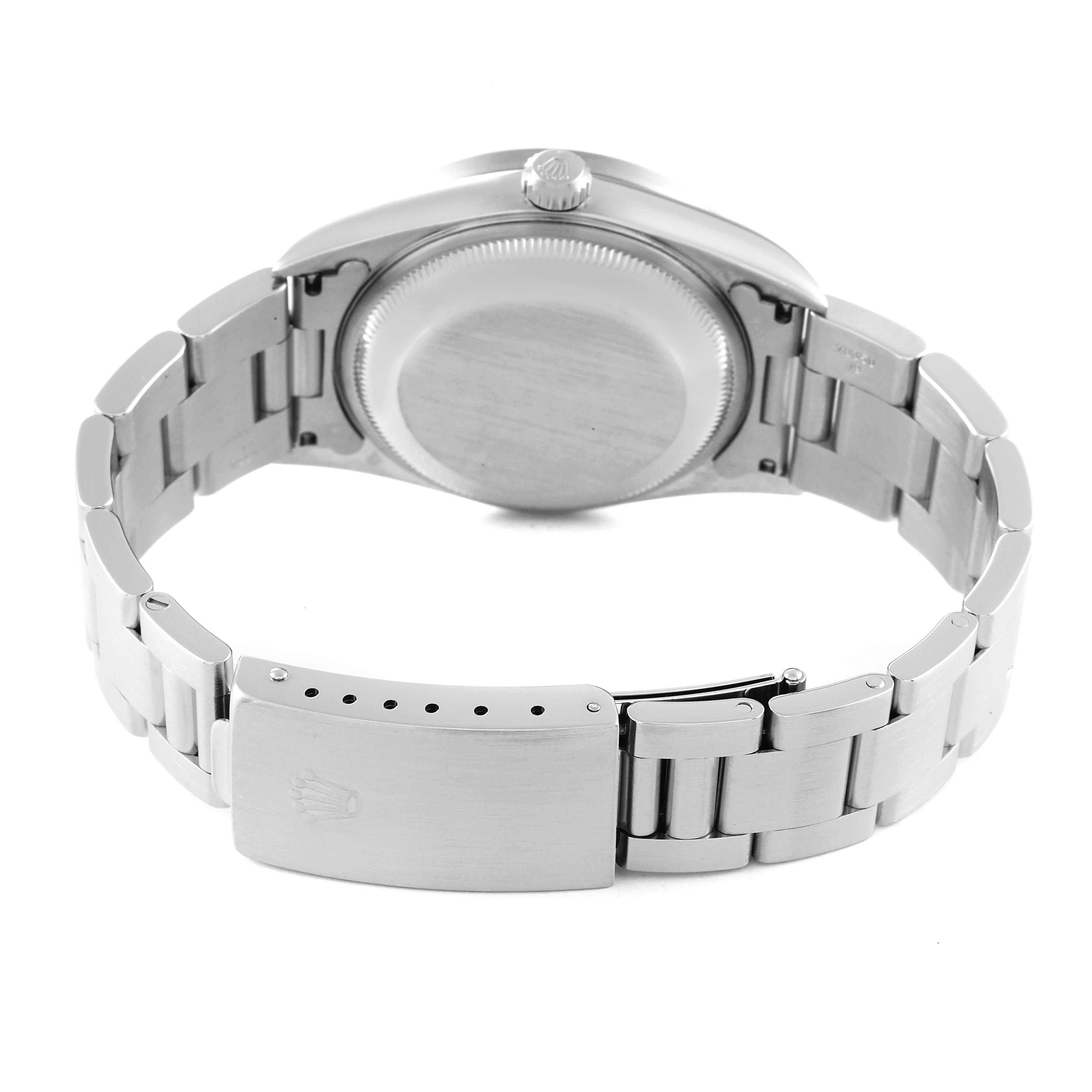 The image shows the back case and bracelet clasp of a Rolex Date 15210 Men
s Stainless Steel Black Dial 15210 Men
s Stainless Steel Black Dial model watch, viewed from the underside.