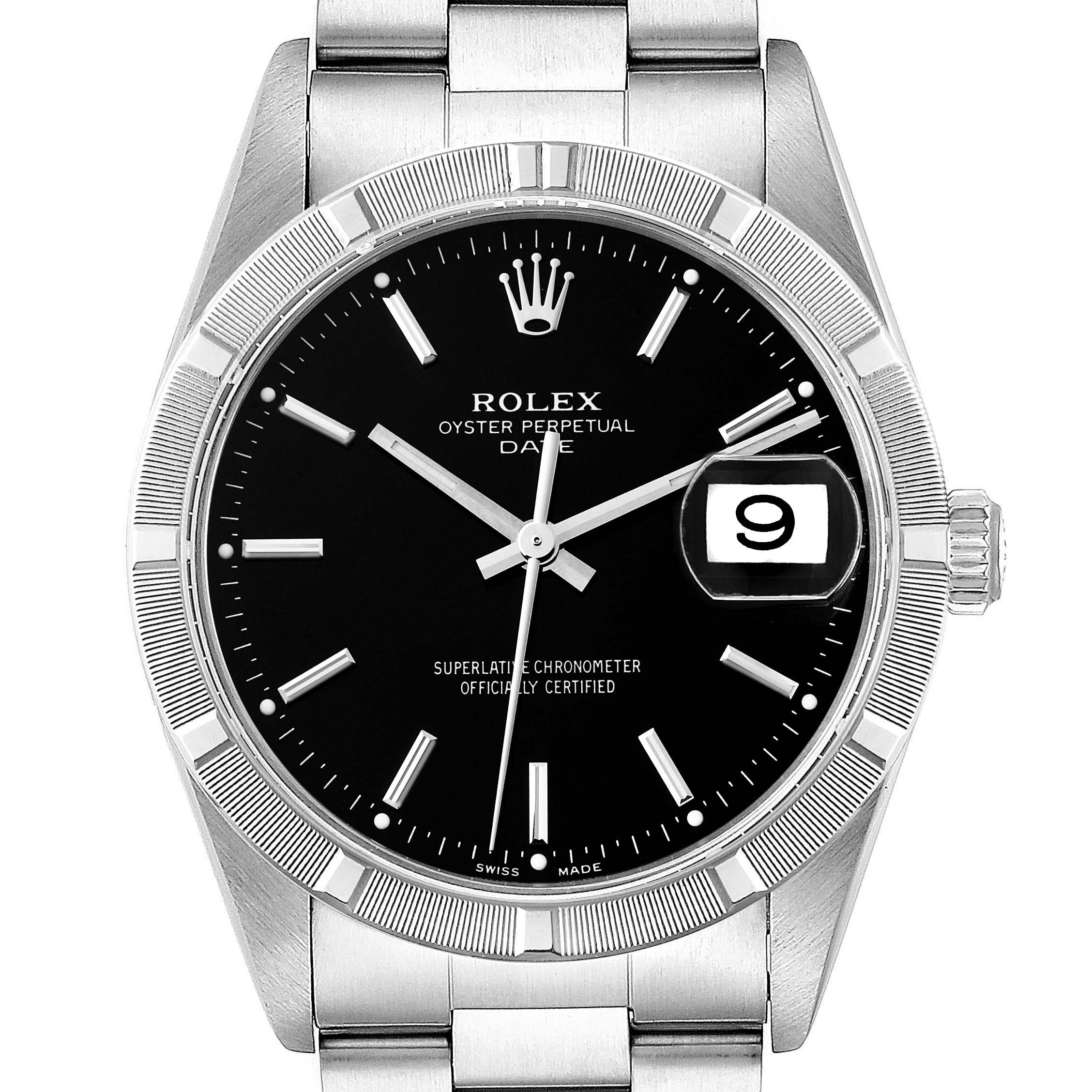 This image shows a front view of a Rolex Oyster Perpetual Date model watch, displaying the dial, bezel, bracelet, and crown.
