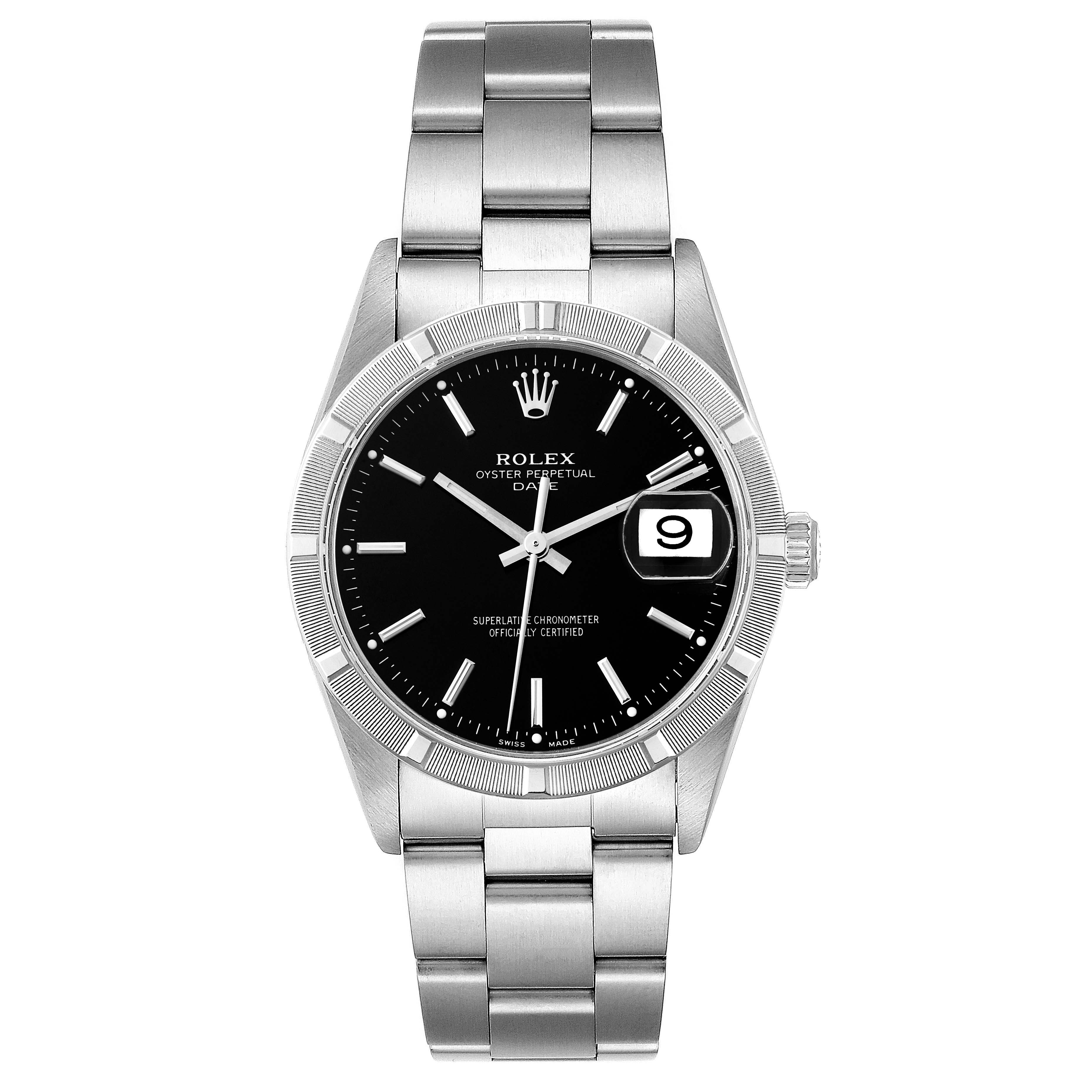 This image shows a front view of the Rolex Date 15210 Men
s Stainless Steel Black Dial 15210 Men
s Stainless Steel Black Dial model watch in silver with a black dial and date window.