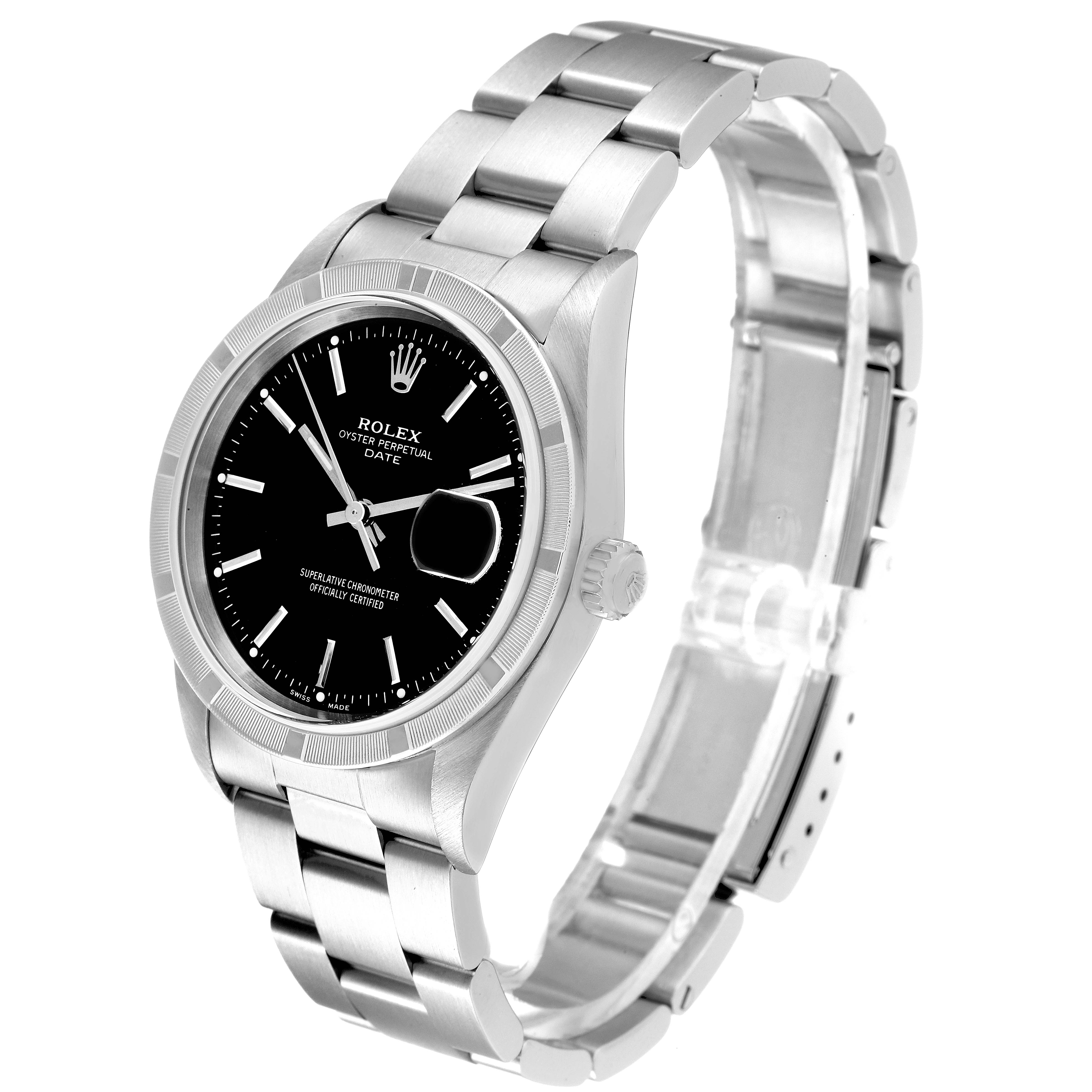 The image shows a Rolex Date 15210 Men
s Stainless Steel Black Dial 15210 Men
s Stainless Steel Black Dial watch at a three-quarter angle, displaying the black dial, bezel, crown, and metal bracelet.