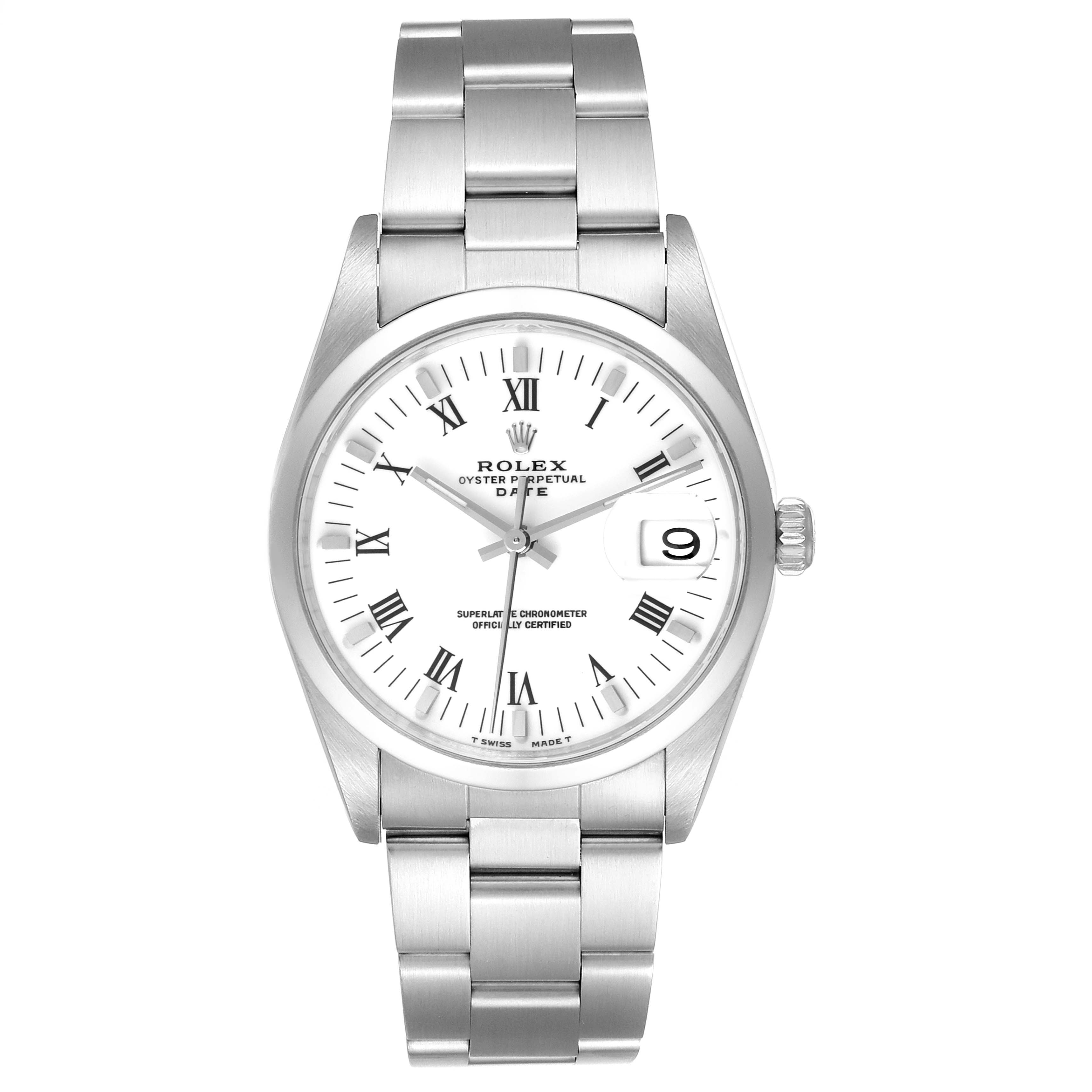 The image shows a front view of a Rolex Date 15200 Men's Stainless Steel White Dial 15200 Men's Stainless Steel White Dial model watch, displaying its dial, case, and bracelet.
