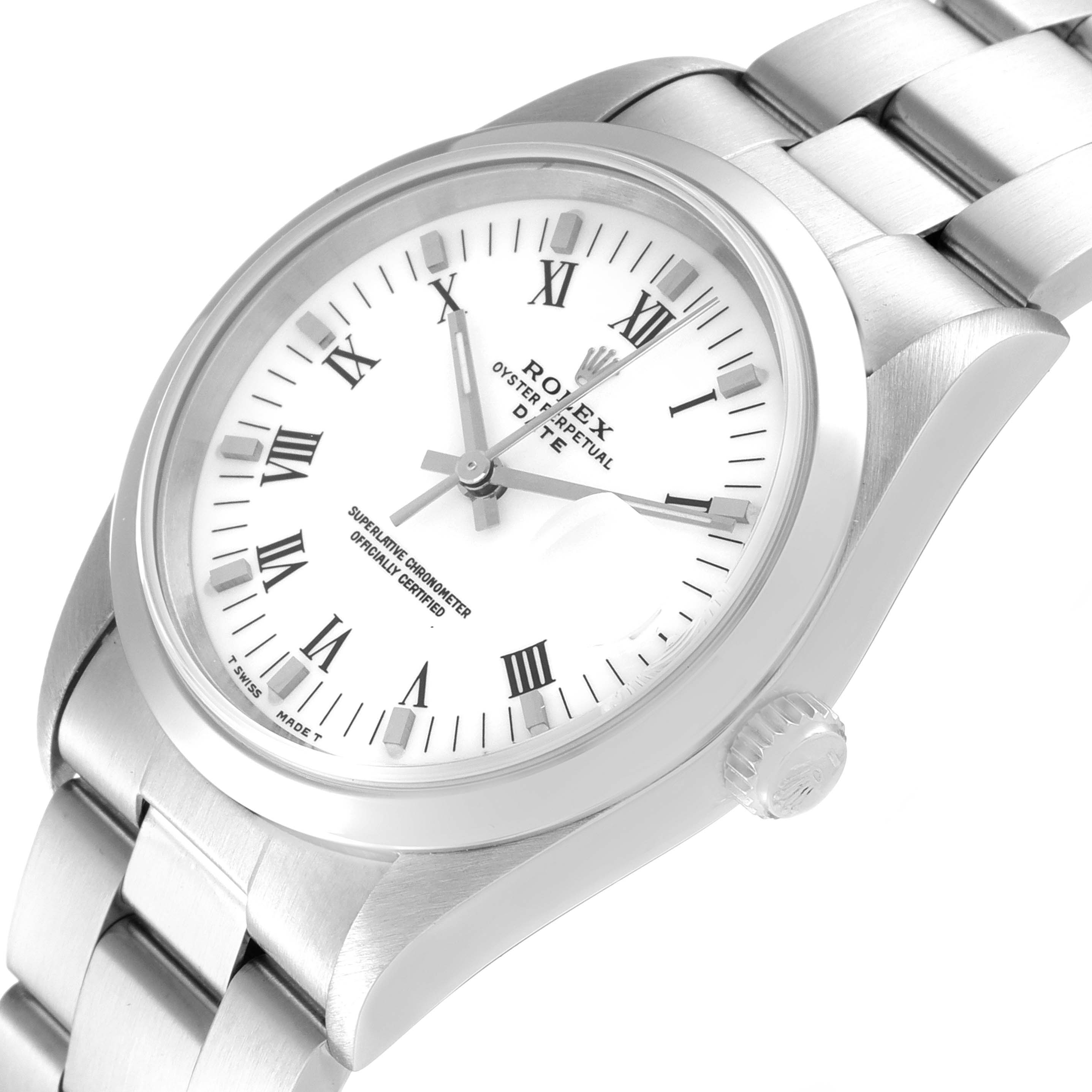 The image shows a close-up of the Rolex Date 15200 Men's Stainless Steel White Dial 15200 Men's Stainless Steel White Dial model watch face and its stainless steel bracelet from a tilted angle.