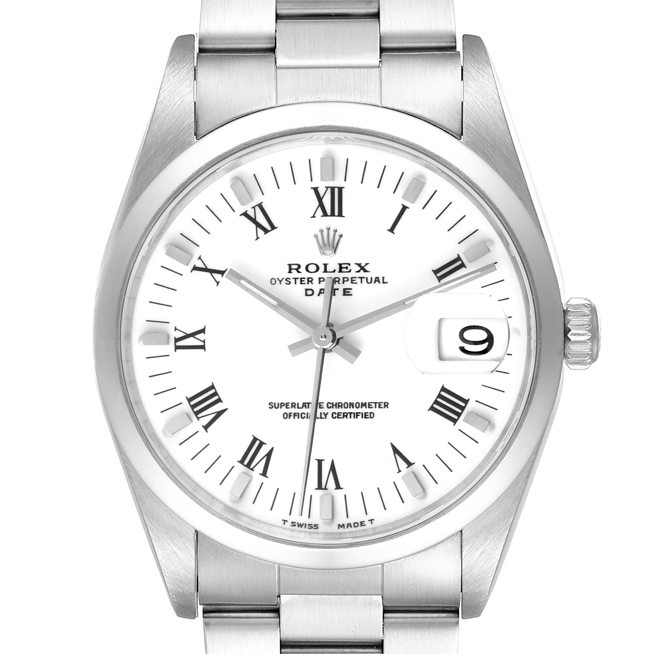 This Rolex Date 15200 Men's Stainless Steel White Dial 15200 Men's Stainless Steel White Dial model watch is shown from a front angle, highlighting the face, bezel, crown, and part of the bracelet.