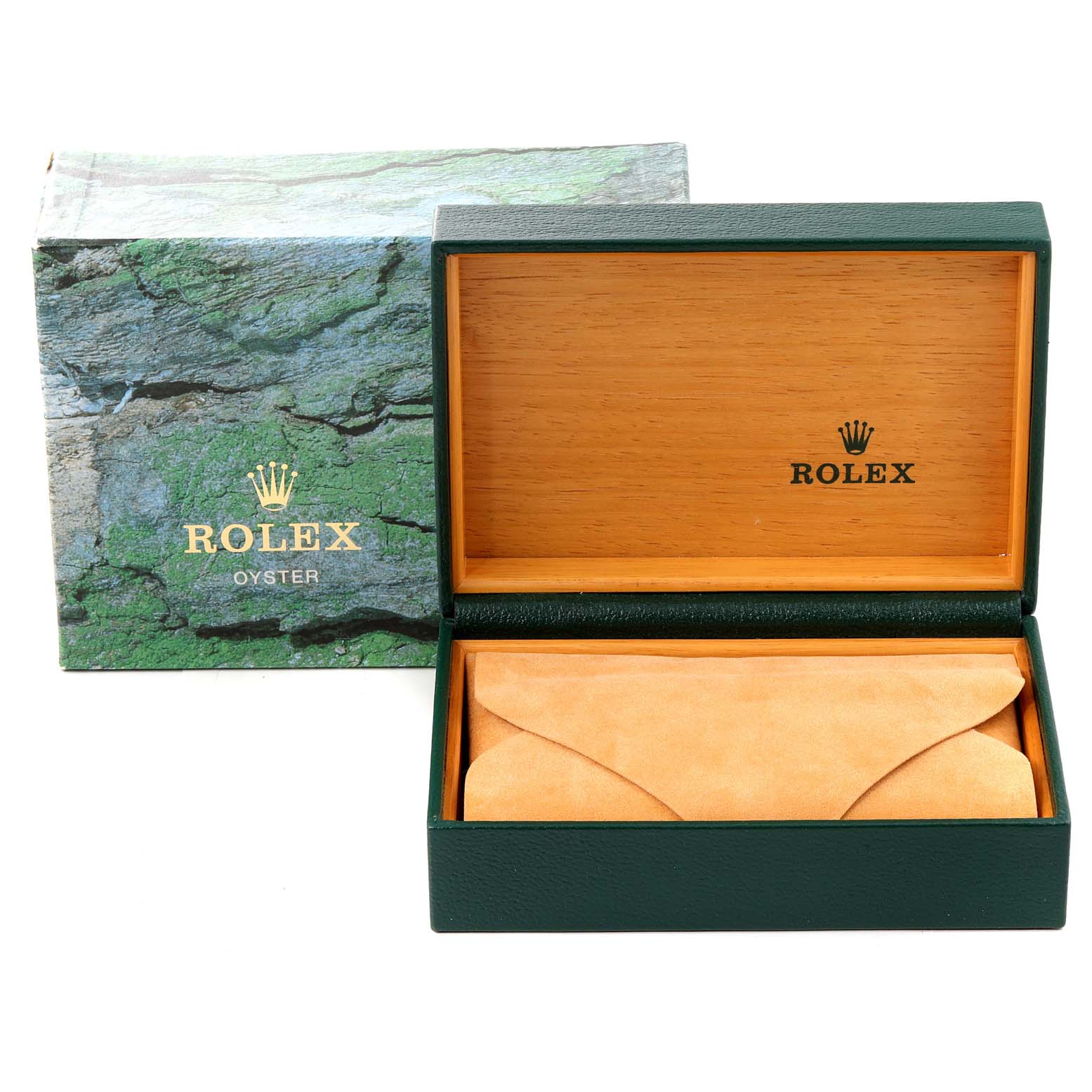 This image shows the Rolex Date 15200 Men's Stainless Steel White Dial 15200 Men's Stainless Steel White Dial model box and an open wooden inner case with a suede pouch.