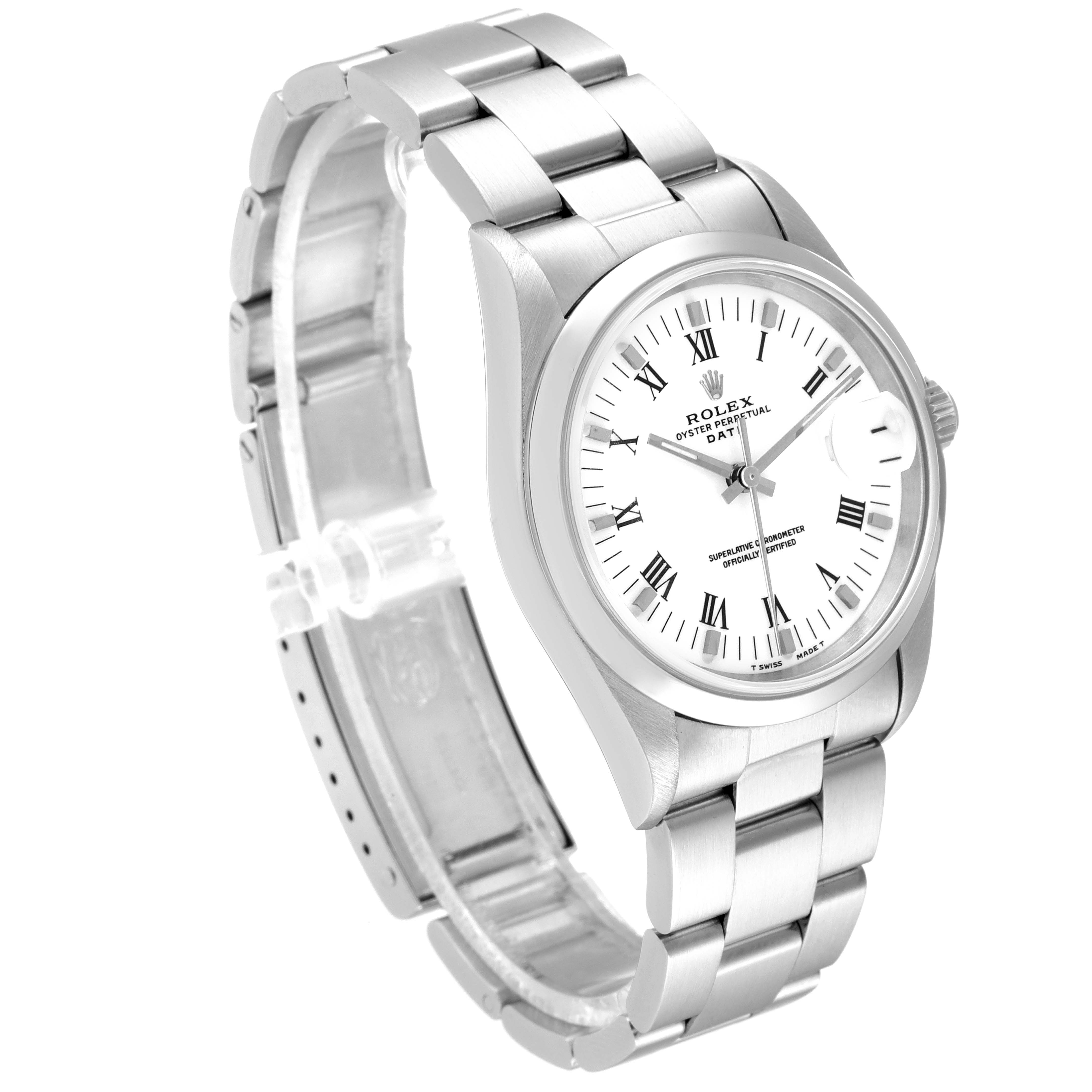 This is a frontal angled view of the Rolex Date 15200 Men's Stainless Steel White Dial 15200 Men's Stainless Steel White Dial model, showcasing its face, bezel, and bracelet.