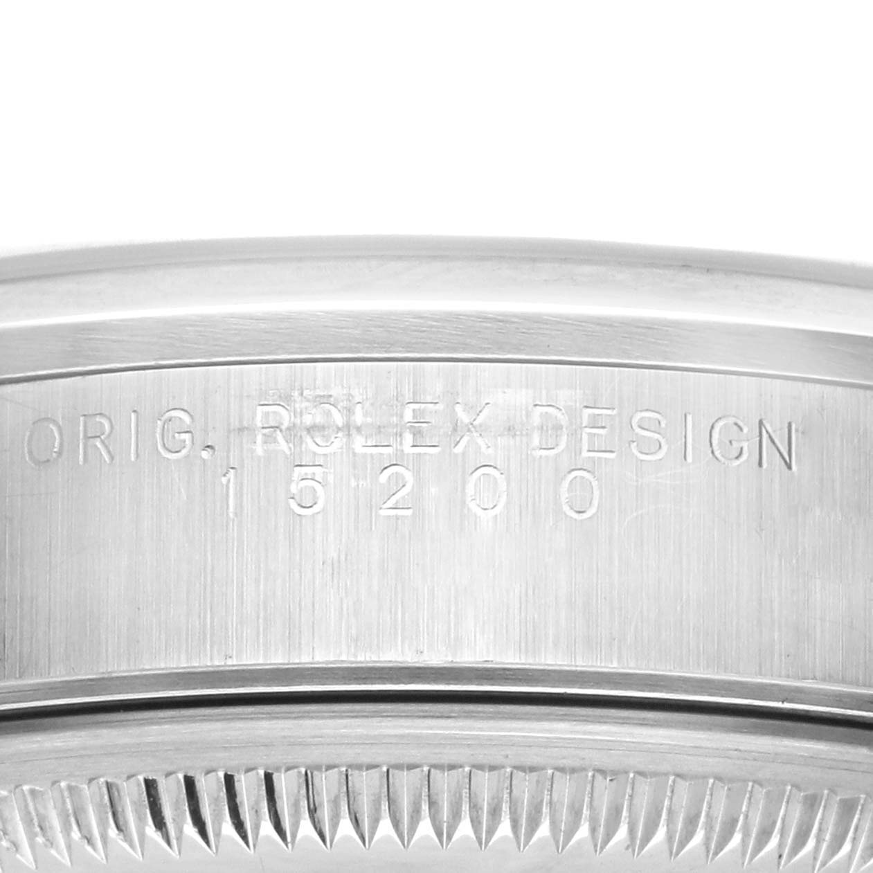 The image shows the side engraving of a Rolex Date 15200 Men's Stainless Steel White Dial 15200 Men's Stainless Steel White Dial, model 15200 case, highlighting the reference number.