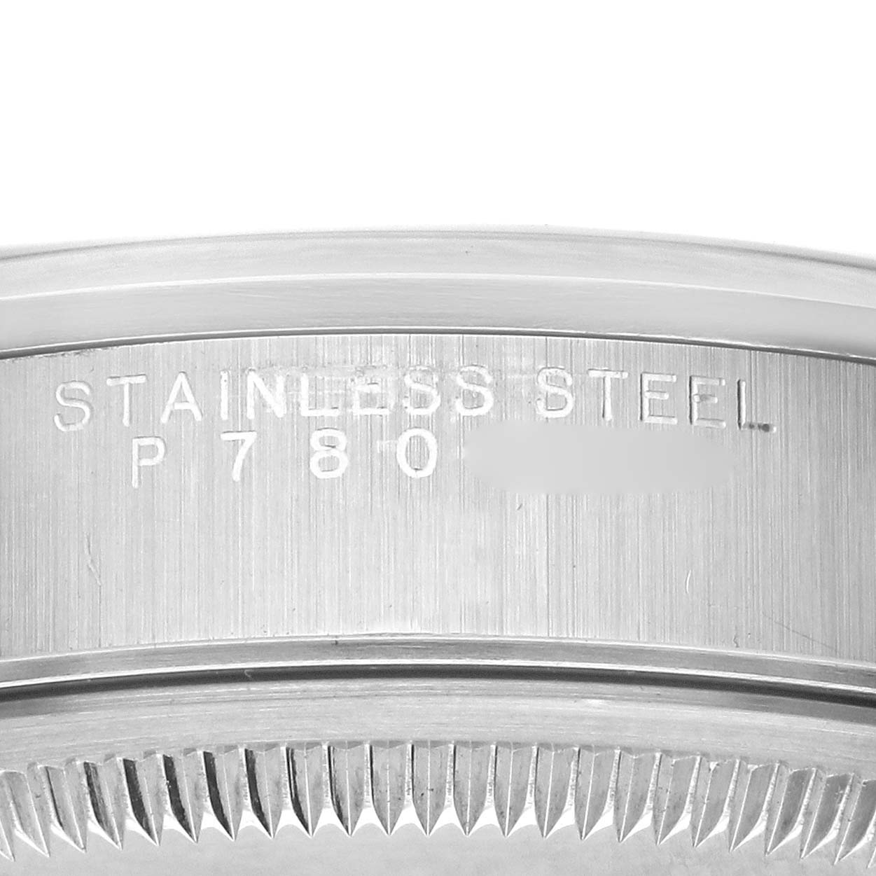 The image shows the side view of the bezel and case rim with serial engravings on the Rolex Date 15200 Men's Stainless Steel White Dial 15200 Men's Stainless Steel White Dial model.