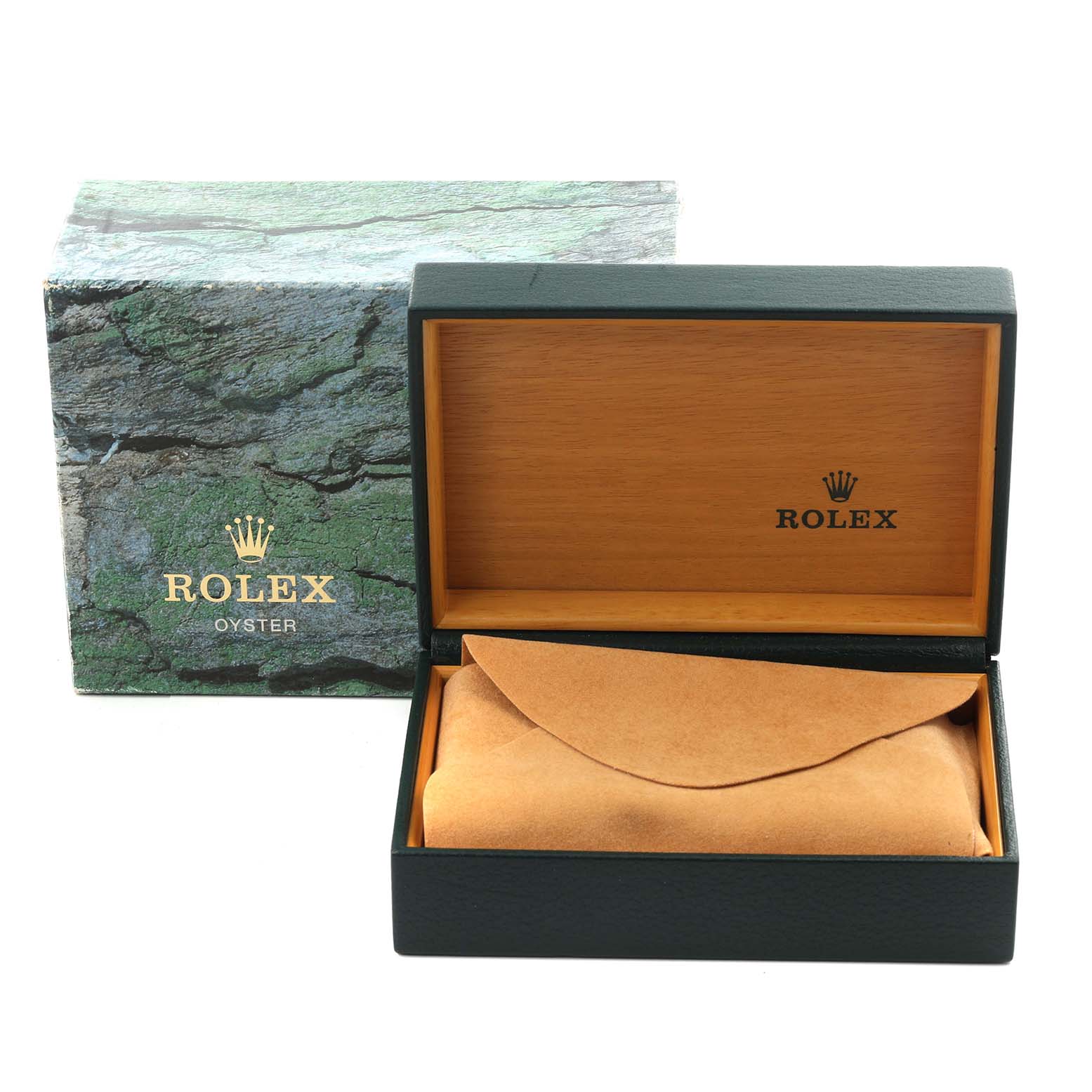 The image shows the open box and packaging for a Rolex Date 15200 Men's Stainless Steel White Dial 15200 Men's Stainless Steel White Dial model, with no watch visible.