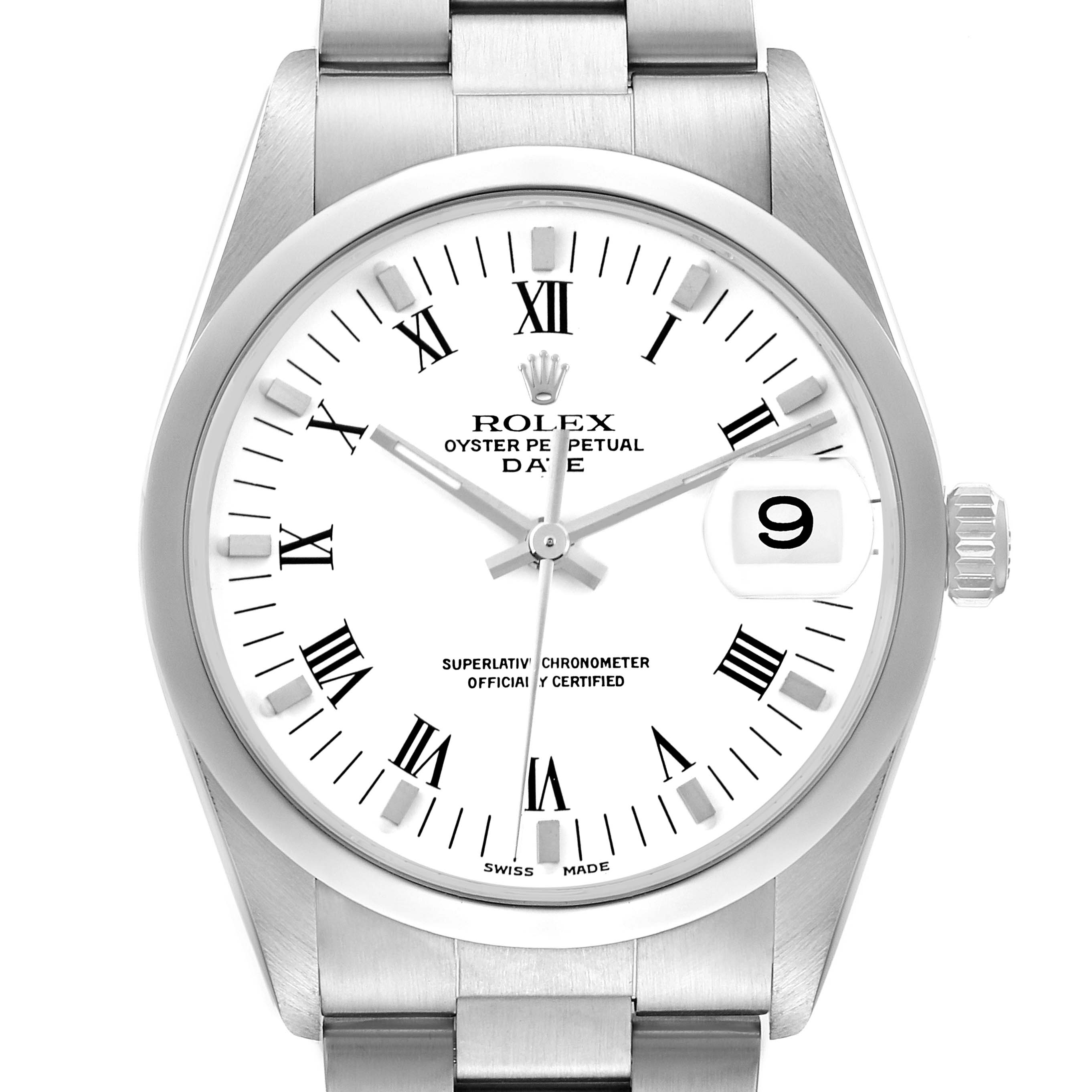 The Rolex Date 15200 Men's Stainless Steel White Dial 15200 Men's Stainless Steel White Dial watch is shown from the front, displaying its dial, bezel, crown, and part of the bracelet.