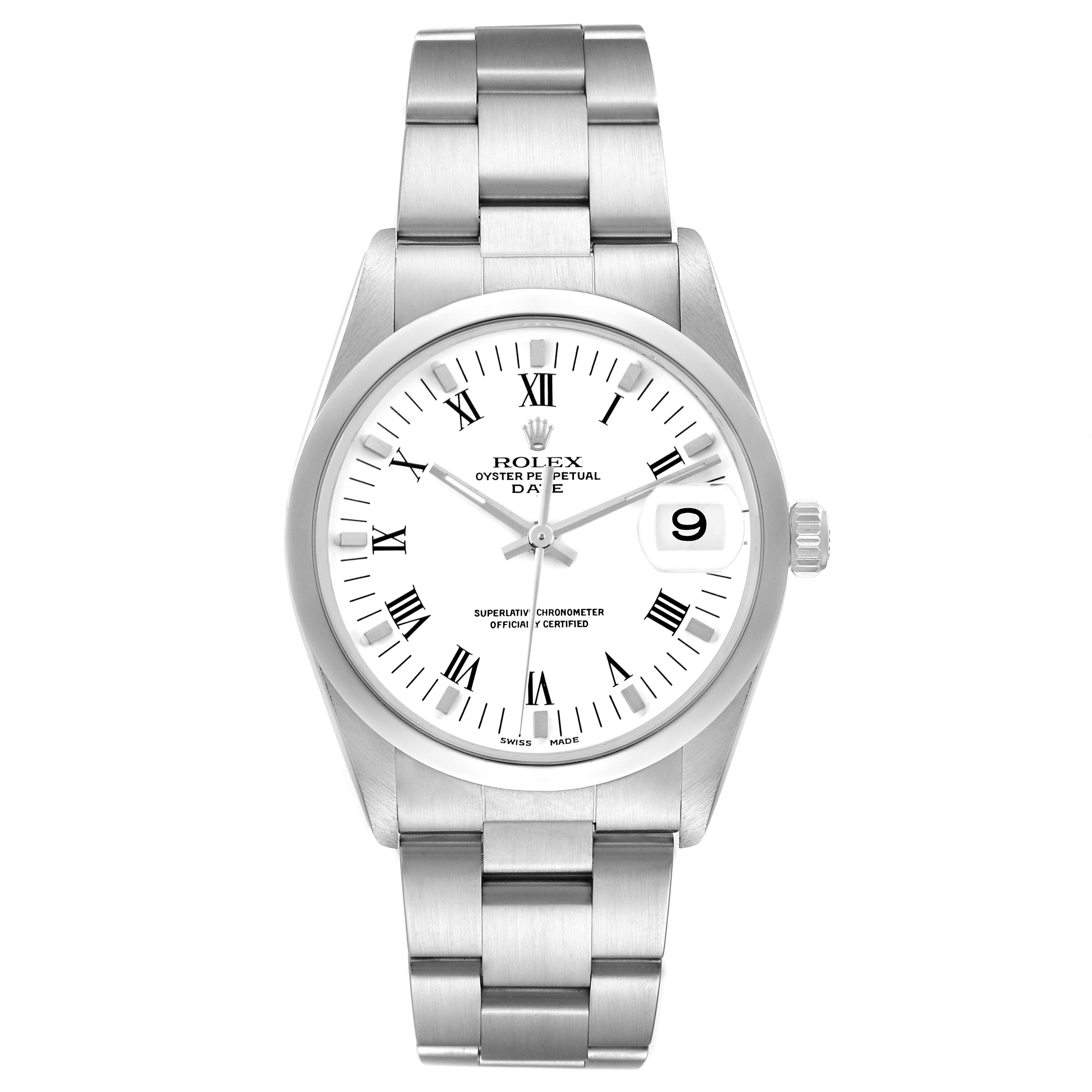 The Rolex Date 15200 Men's Stainless Steel White Dial 15200 Men's Stainless Steel White Dial model is shown from the front, displaying the white dial, Roman numerals, date window, and metal bracelet.