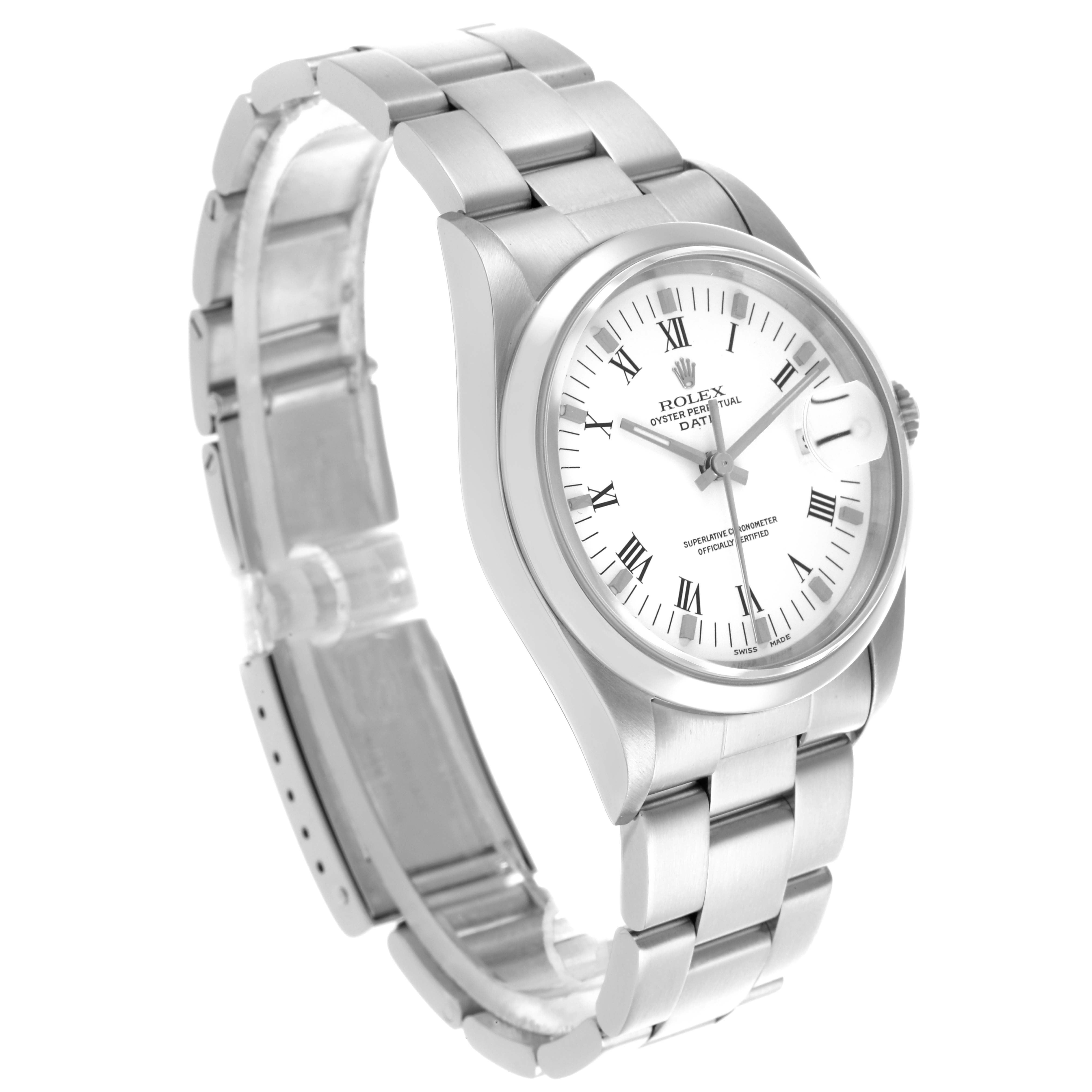 The Rolex Date 15200 Men's Stainless Steel White Dial 15200 Men's Stainless Steel White Dial watch is shown at a three-quarter angle, displaying its face, bracelet, and crown.