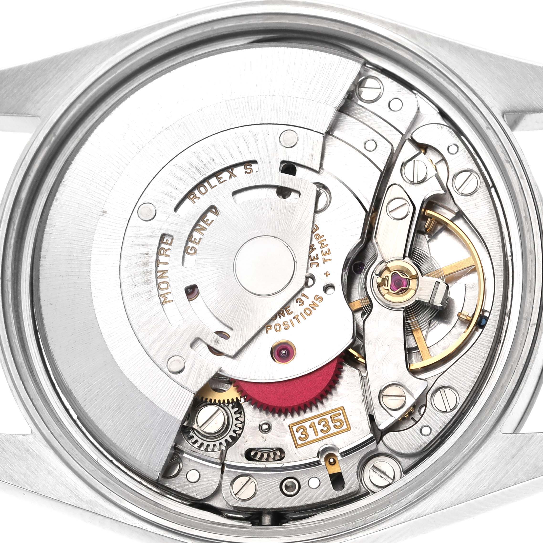 The image shows the movement of a Rolex Date 15200 Men's Stainless Steel White Dial 15200 Men's Stainless Steel White Dial watch, highlighting the caliber 3135 and internal mechanical components from the back.