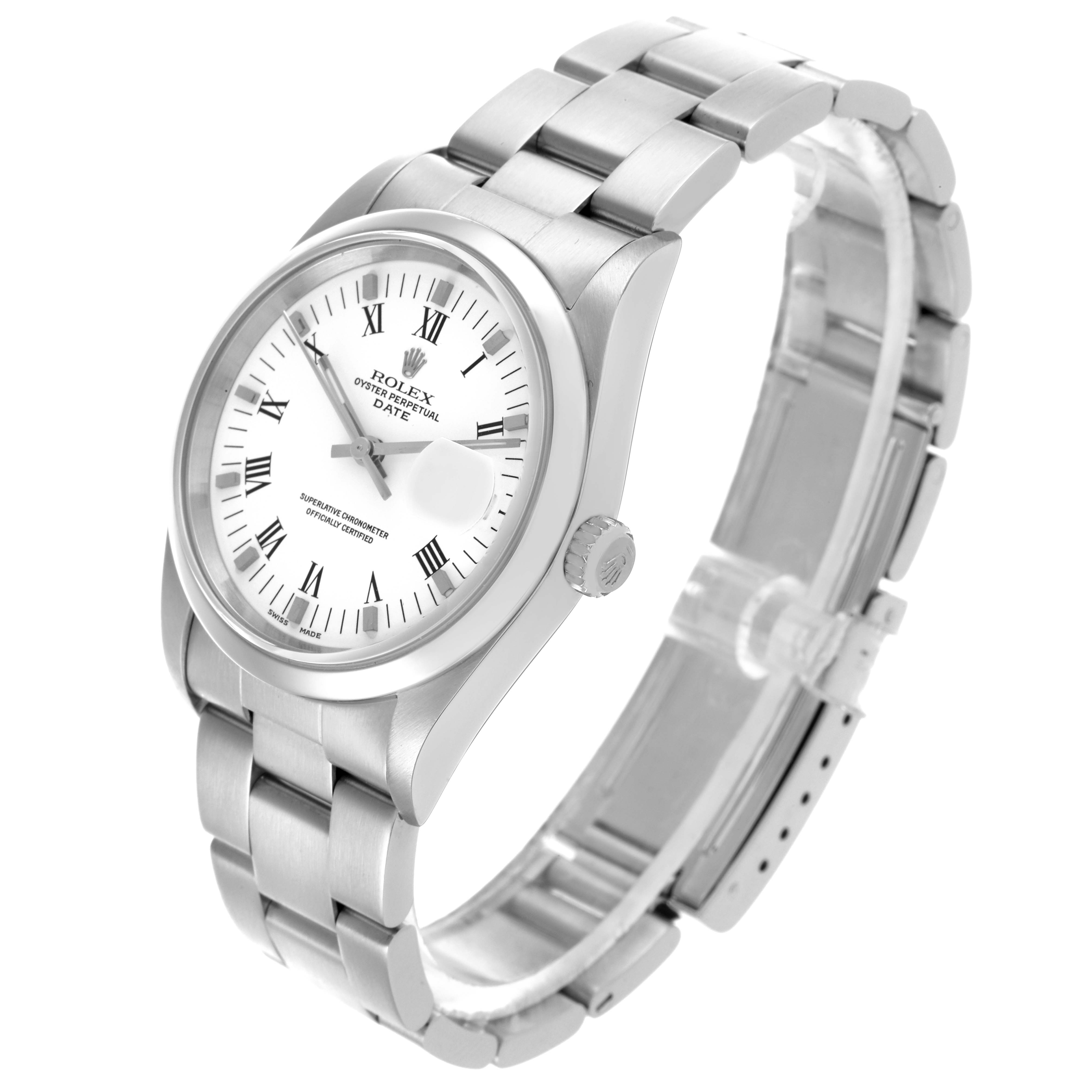 The Rolex Date 15200 Men's Stainless Steel White Dial 15200 Men's Stainless Steel White Dial watch is shown at a slight angle emphasizing the dial, bezel, crown, and bracelet.