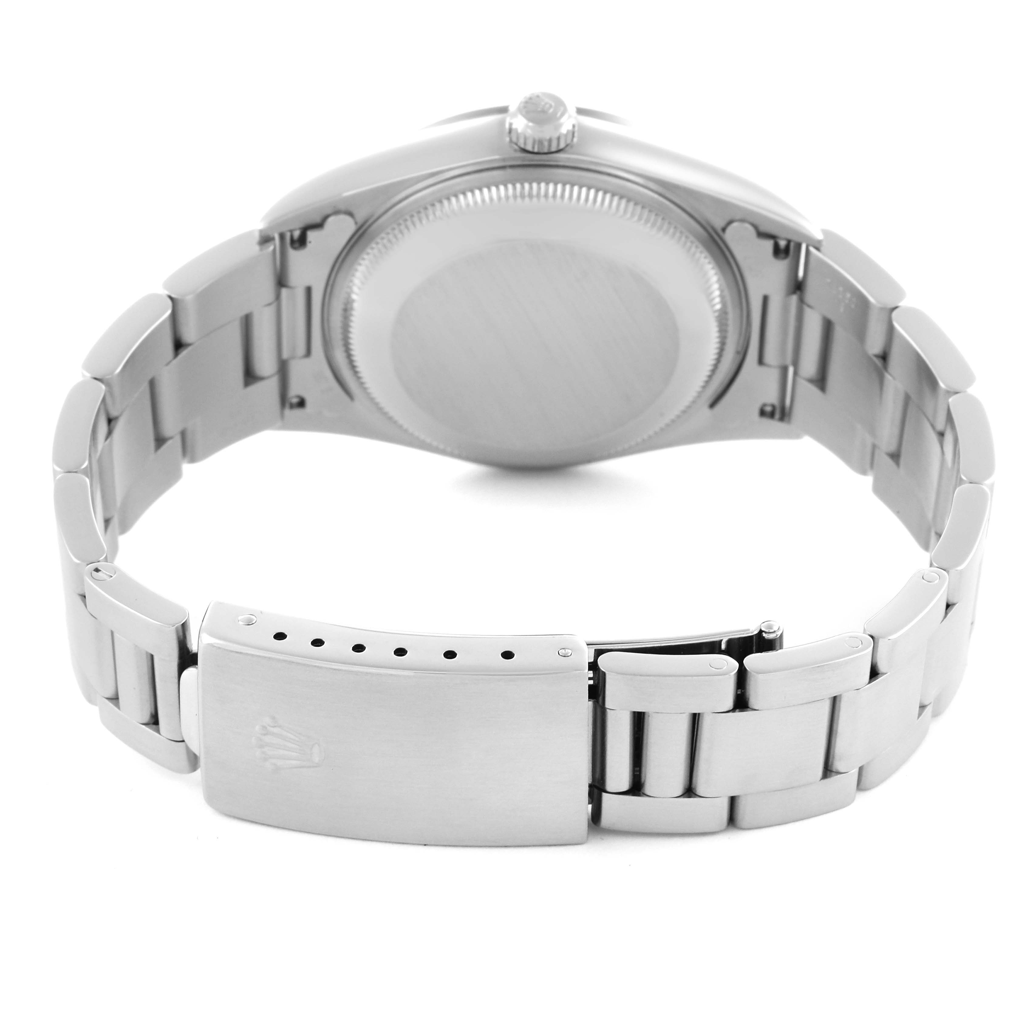 The image shows the back of a Rolex Date 15200 Men's Stainless Steel White Dial 15200 Men's Stainless Steel White Dial model, focusing on the case back and bracelet clasp.