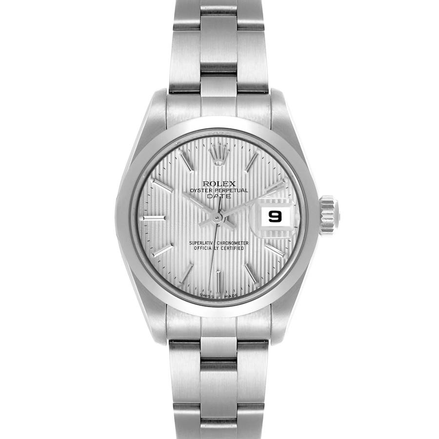 The Rolex Date model watch is shown from the front, highlighting its face, bezel, bracelet, and crown.