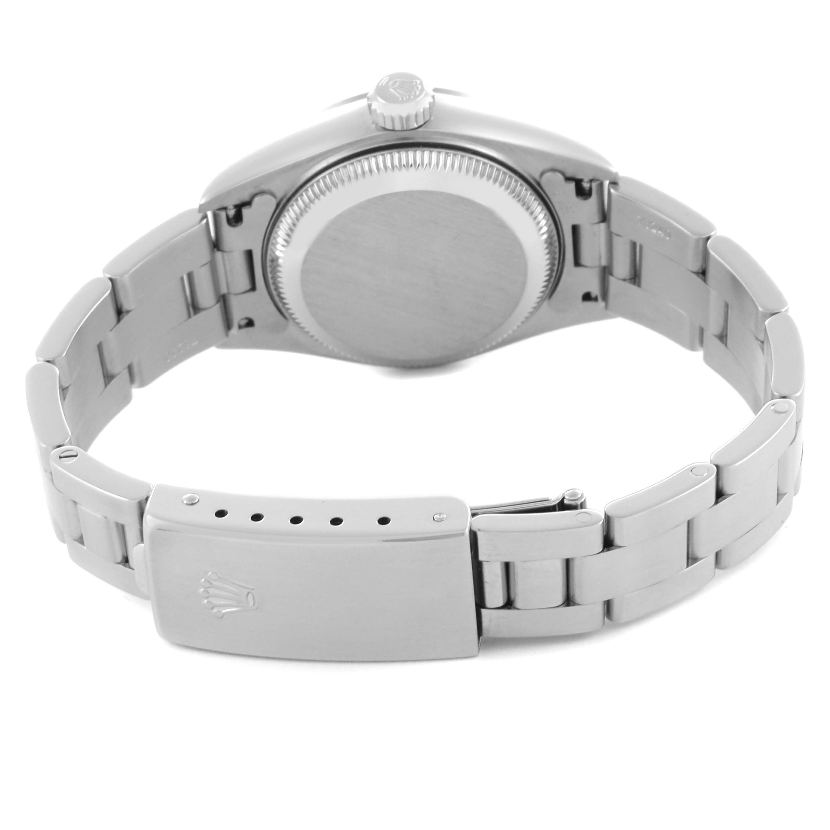 The image shows the back and clasp of the Rolex Date 79160 Women's Stainless Steel Silver Dial 79160 Women's Stainless Steel Silver Dial watch, highlighting the bracelet and case back.