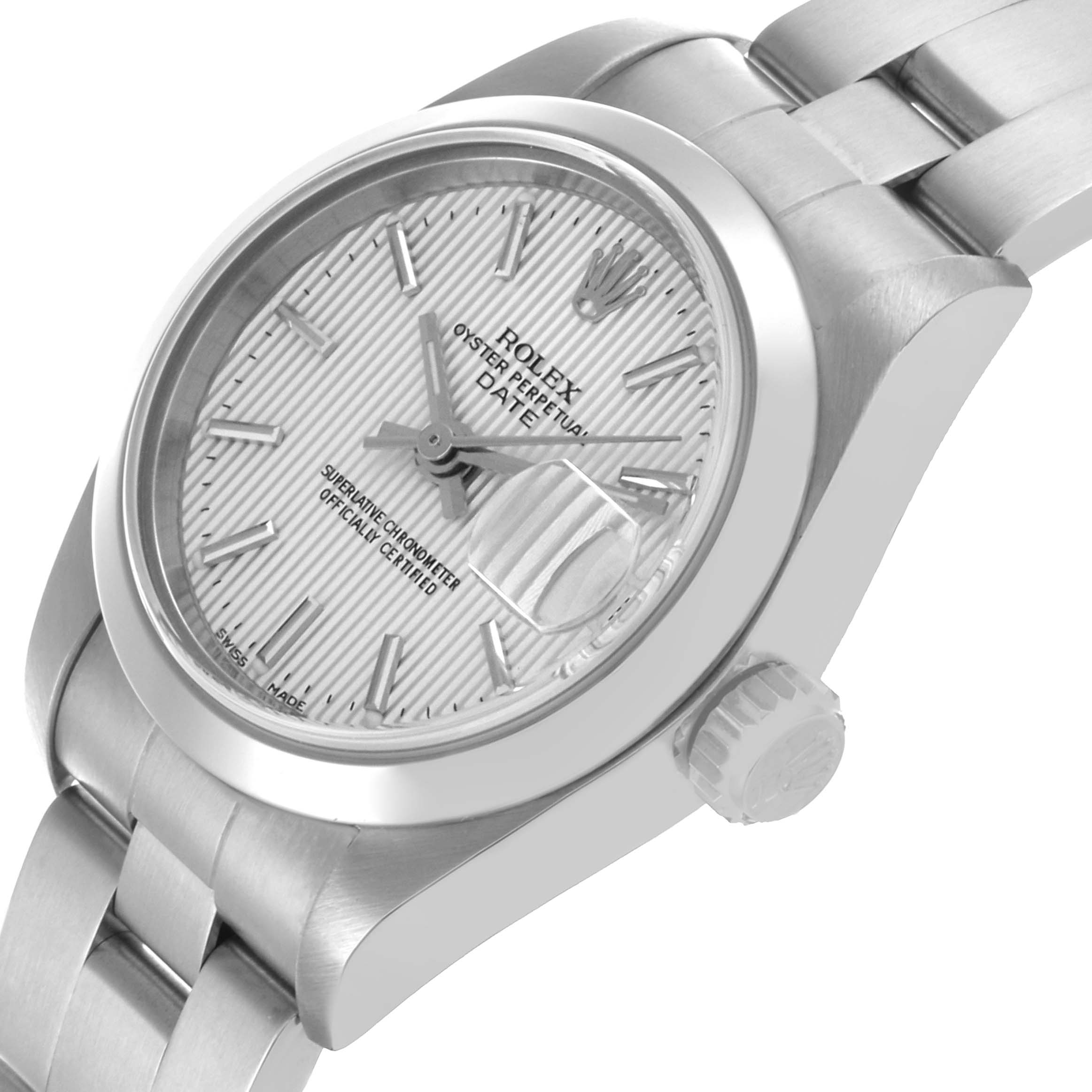 The Rolex Date 79160 Women's Stainless Steel Silver Dial 79160 Women's Stainless Steel Silver Dial watch is shown from a slightly angled side view, highlighting the dial, crown, and bracelet.