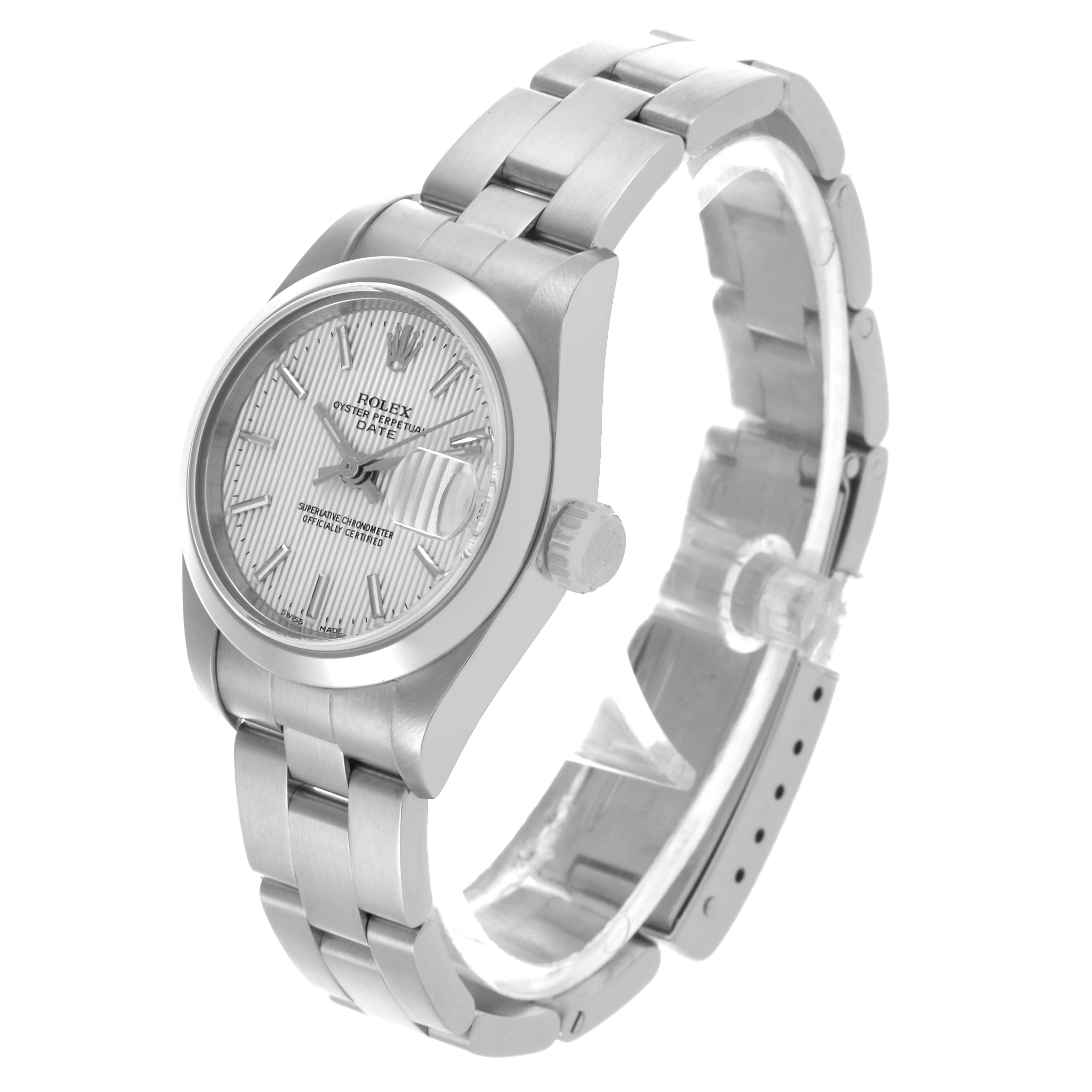 The Rolex Date 79160 Women's Stainless Steel Silver Dial 79160 Women's Stainless Steel Silver Dial model watch is shown from an angled side view, displaying the dial, bezel, bracelet, and crown.