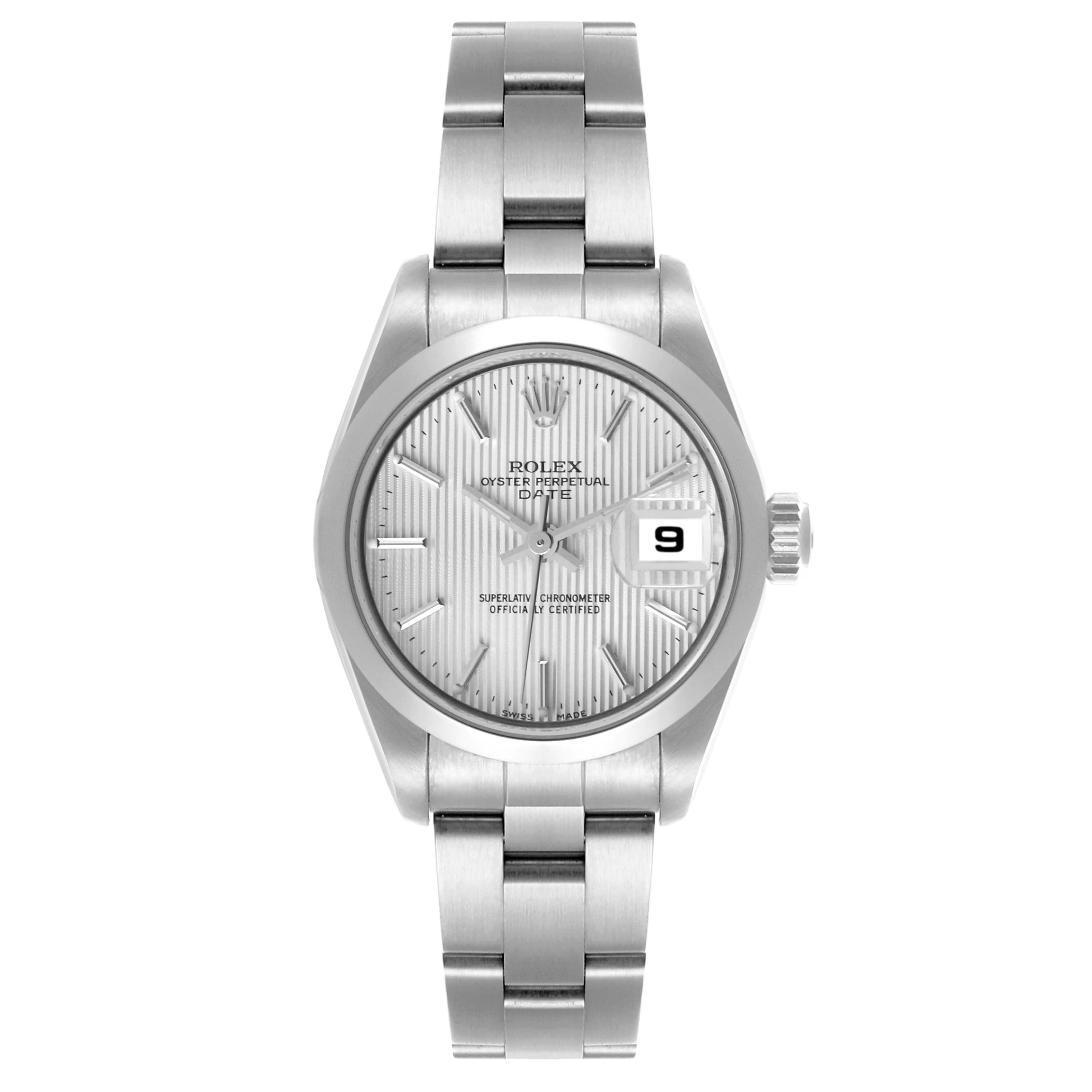 The Rolex Date 79160 Women's Stainless Steel Silver Dial 79160 Women's Stainless Steel Silver Dial model is shown from a front angle, displaying its face, bezel, bracelet, and date window.